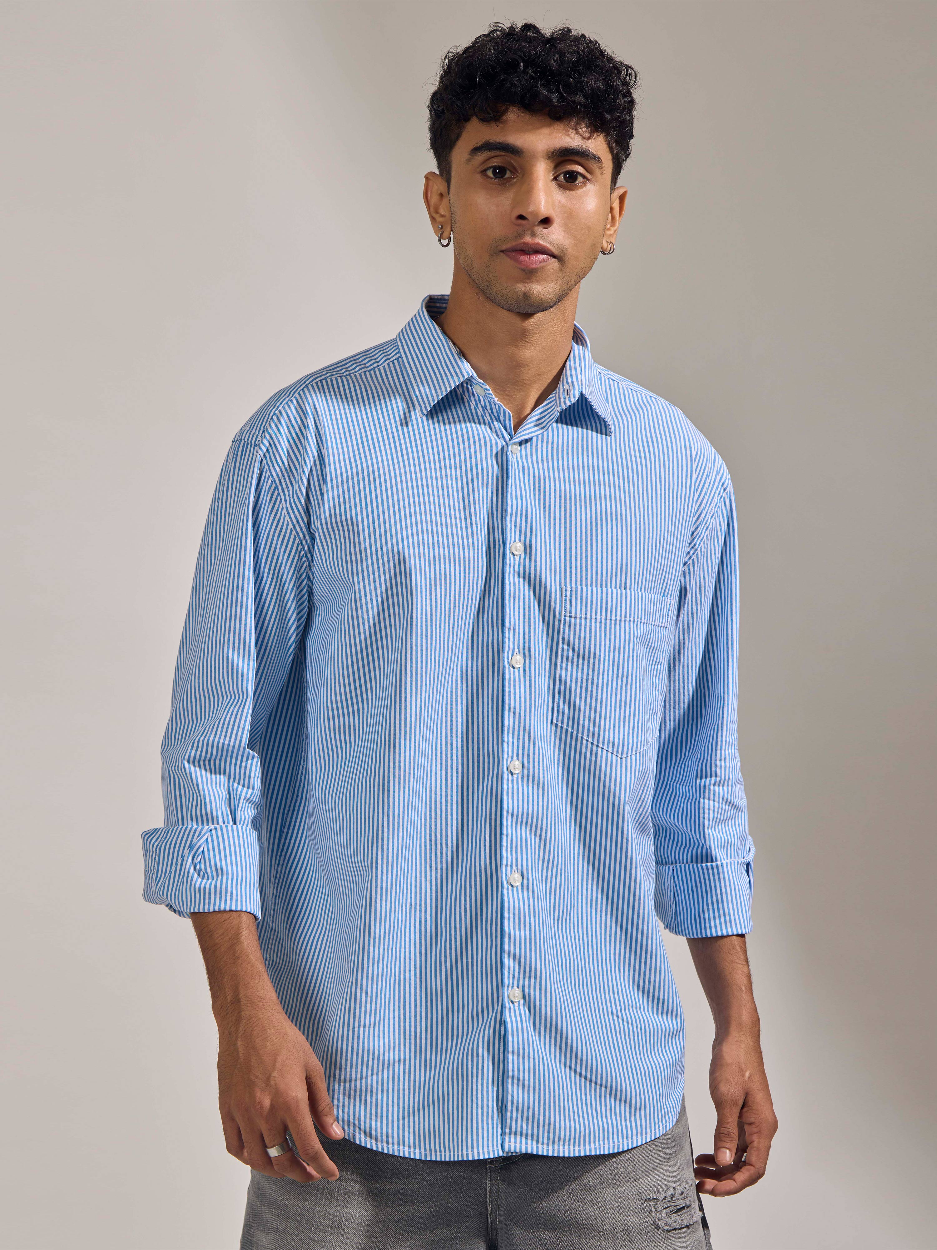 Lisandra - Oversize Striped Shirt- Sky Blue – Espanshe