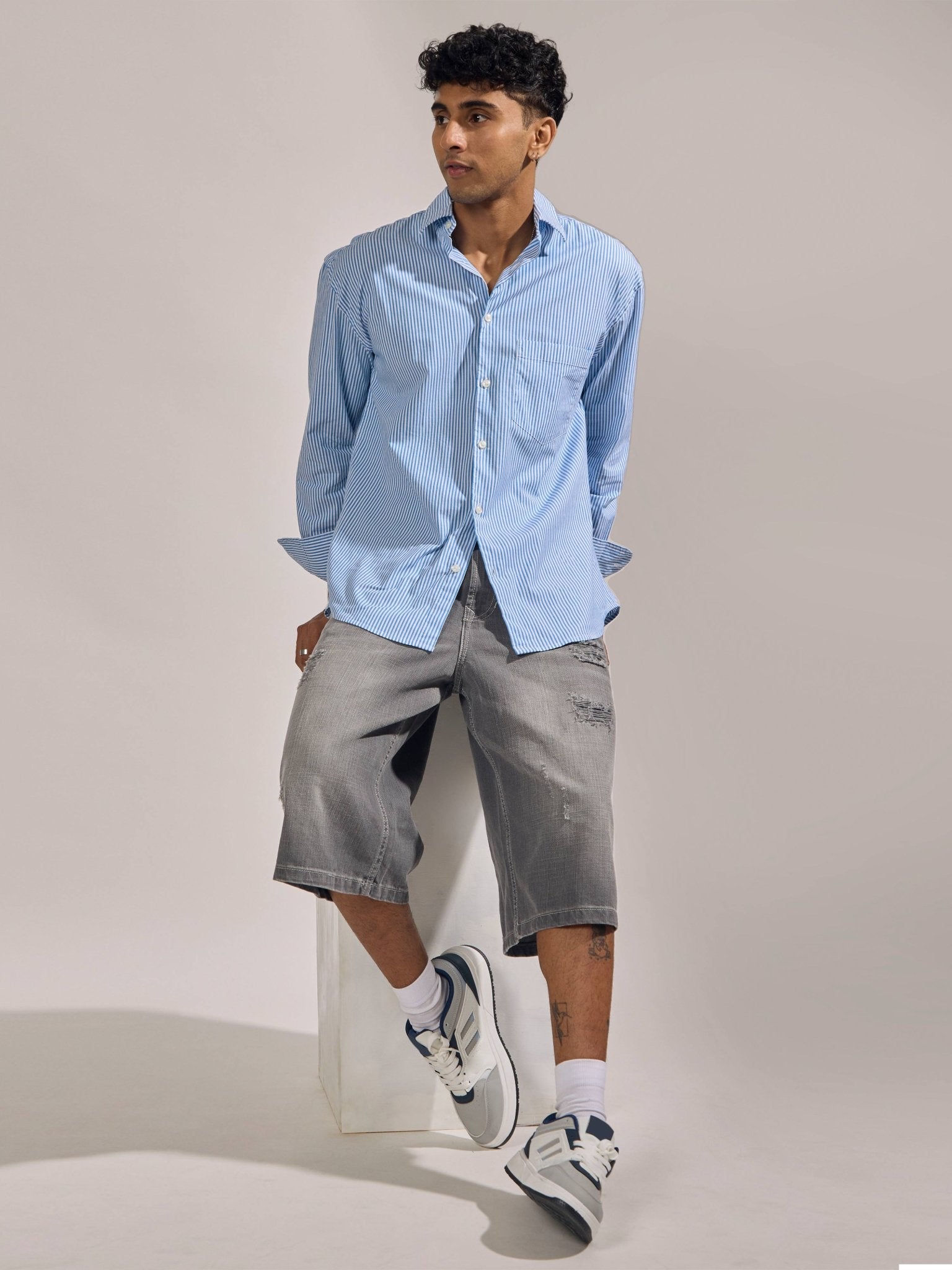 Lisandra - Oversize Striped Shirt- Sky Blue - Espanshe