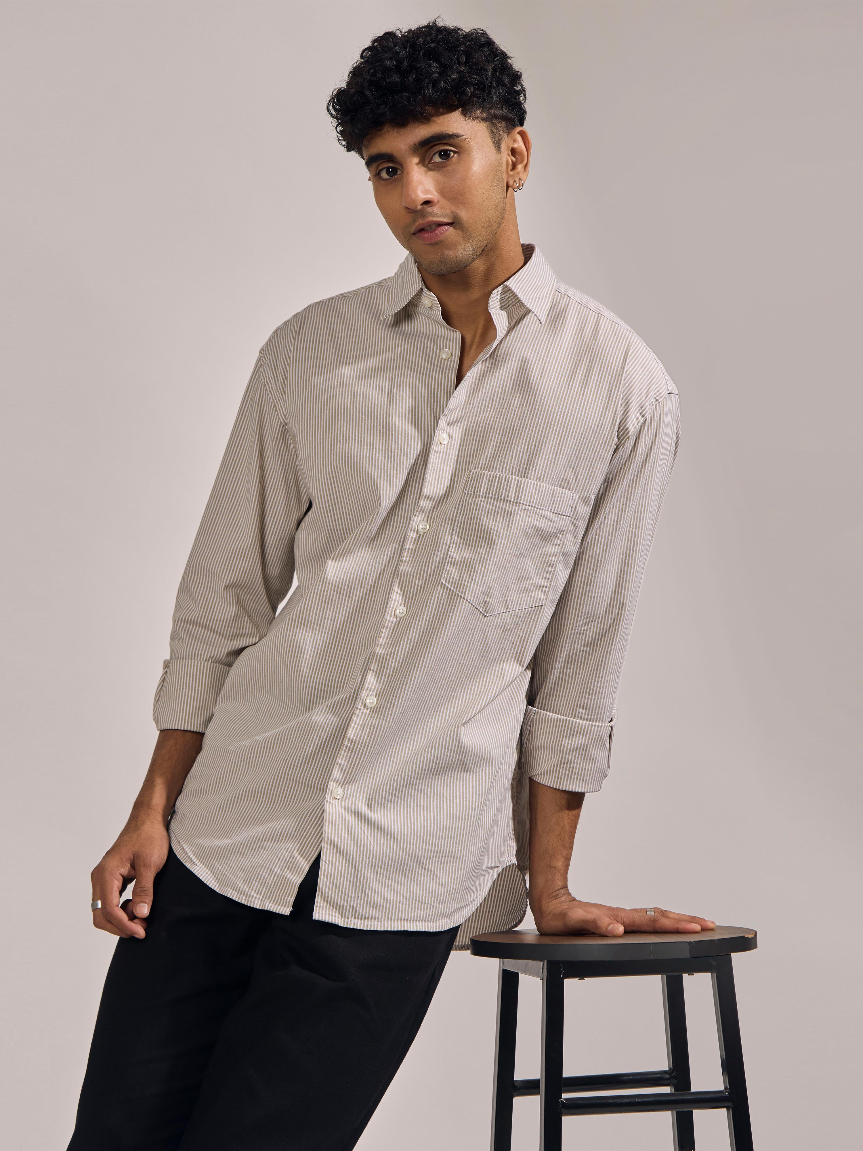 men's oversized olive brown  stripped shirt with full sleeve and chest pocket made from 100% cotton.
pure cotton shirts for men
oversized shirts for men