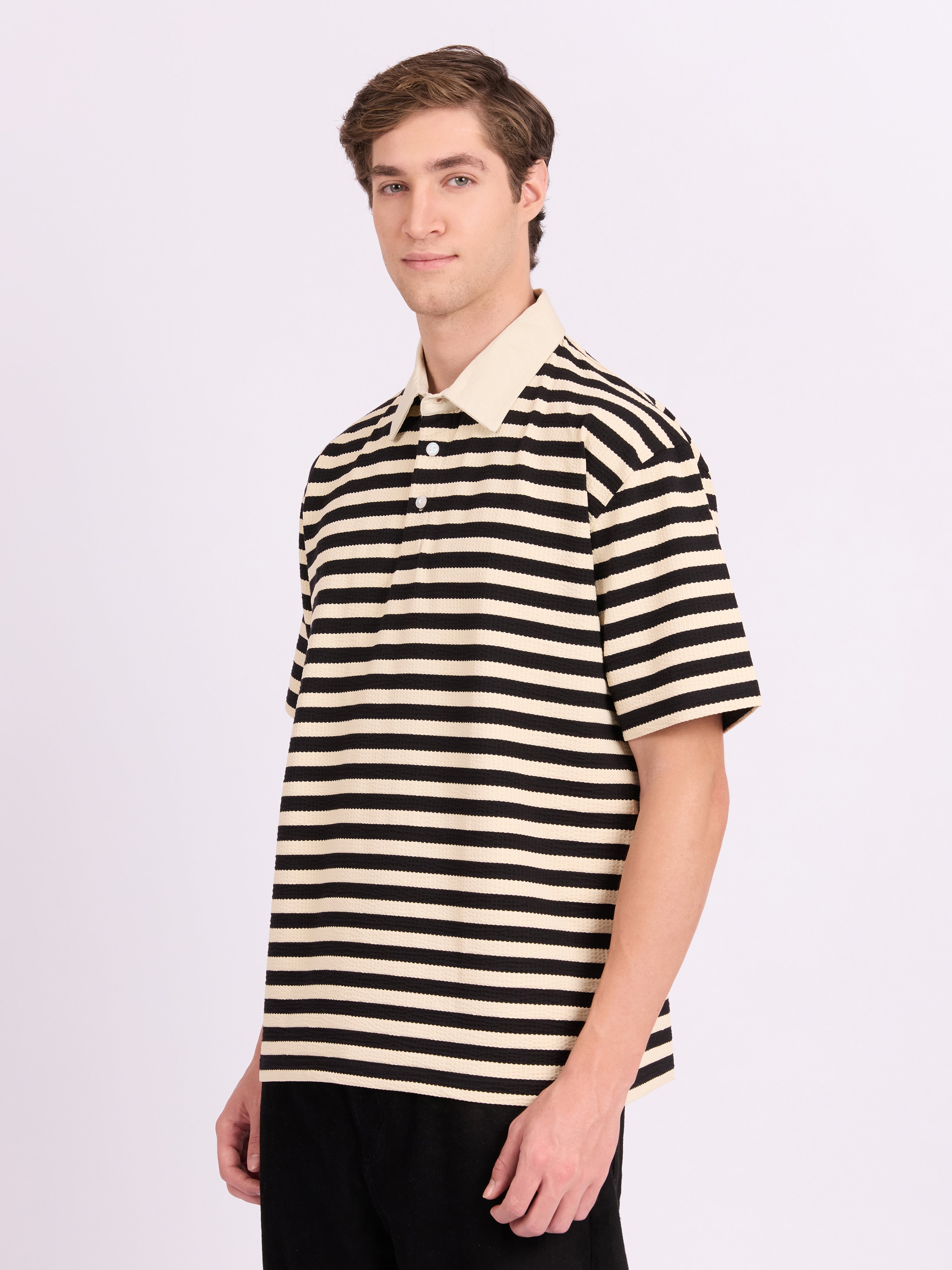 Neliis-1 - Textured Stripe Polo T-Shirt – Black – Espanshe