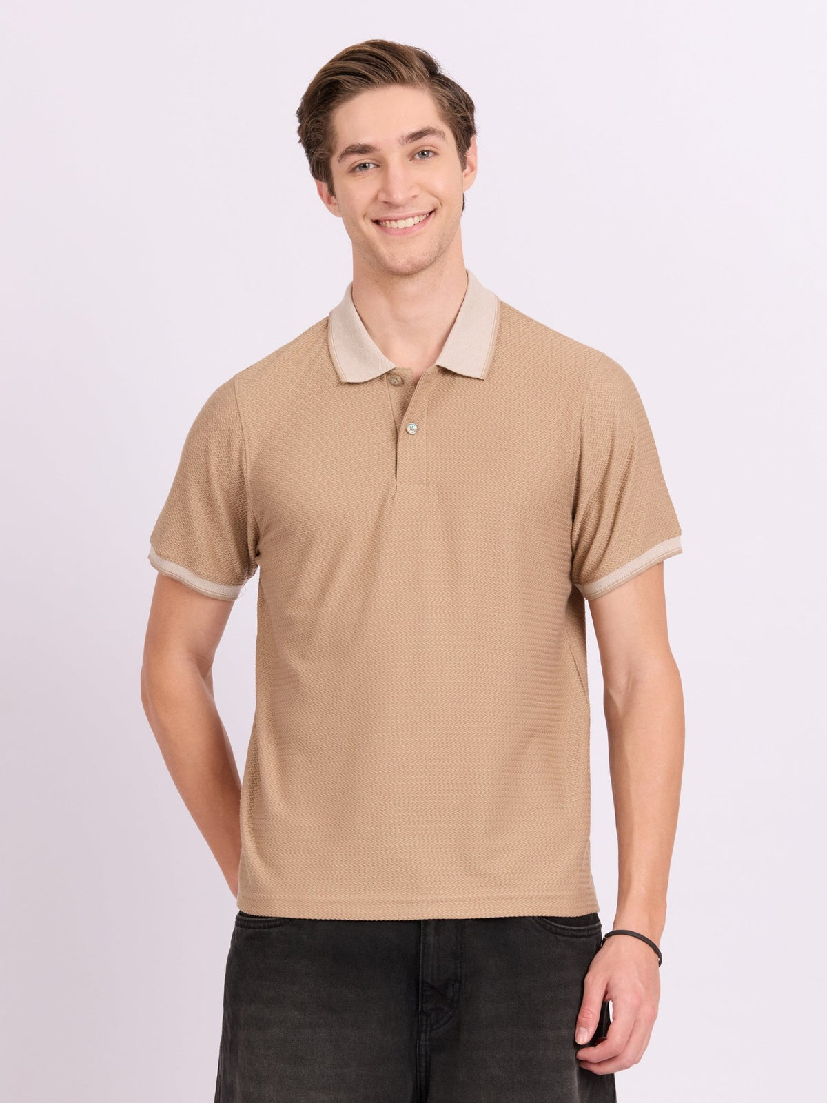 Neliis-2 - Textured Chevron Polo T-Shirt – Khaki - Espanshe