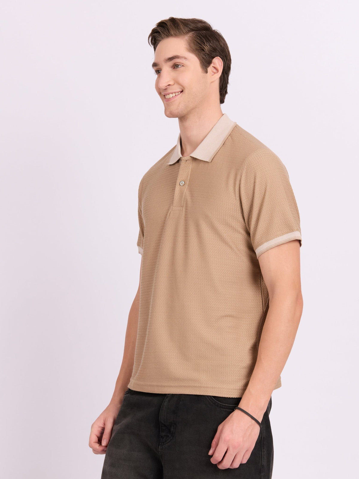 Neliis-2 - Textured Chevron Polo T-Shirt – Khaki - Espanshe