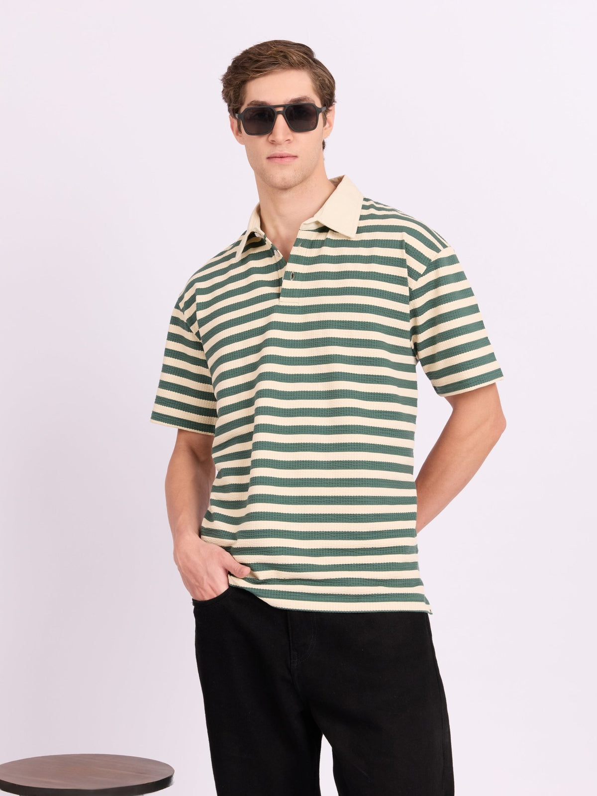 Neliis-1 - Textured Stripe Polo T-Shirt – Green - Espanshe