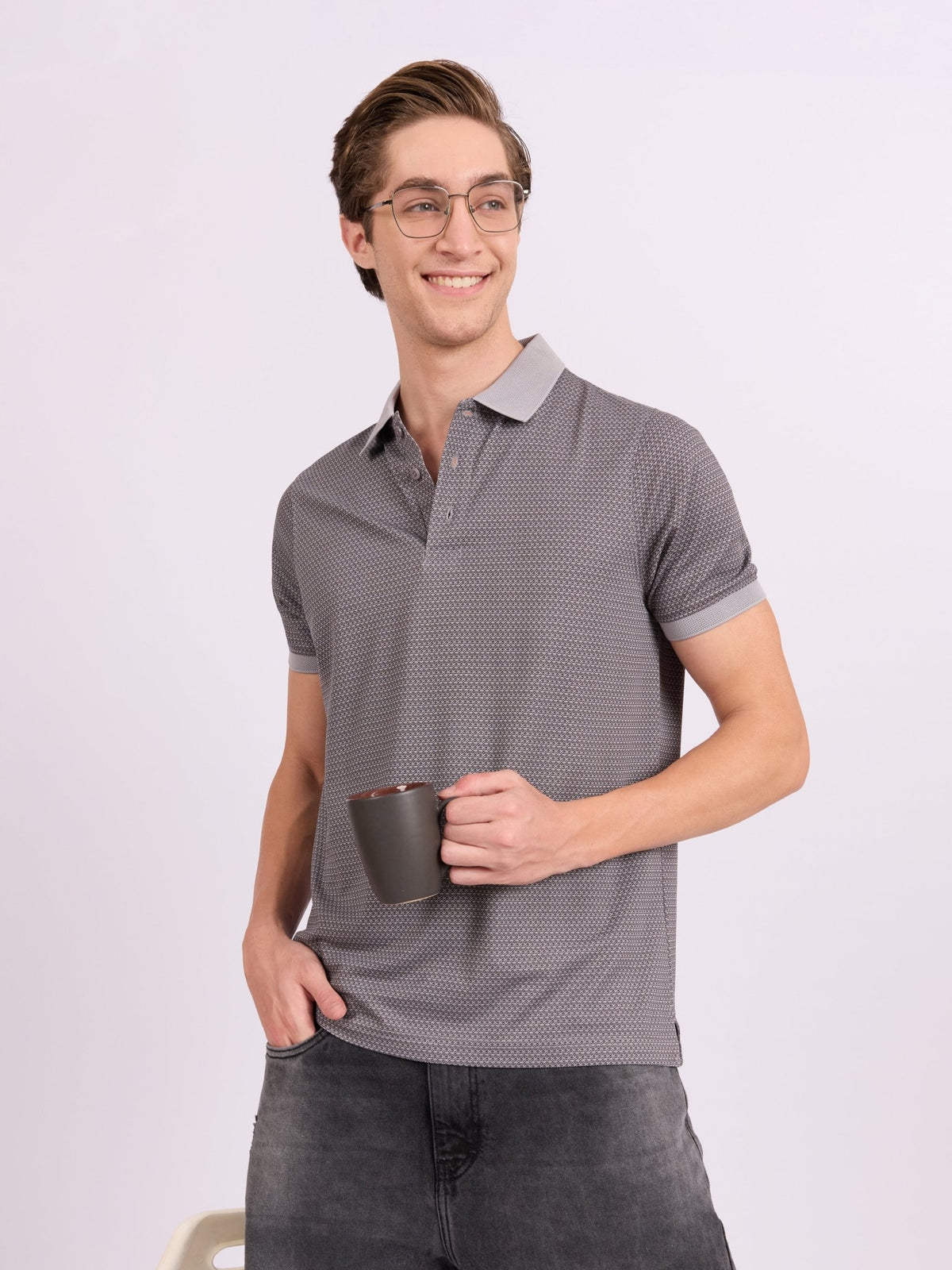 Neliis-2 - Textured Chevron Polo T-Shirt – Grey - Espanshe