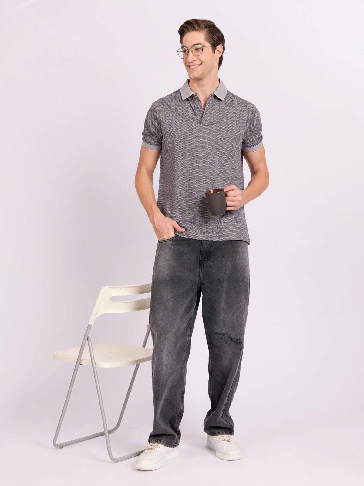 Neliis-2 - Textured Chevron Polo T-Shirt – Grey - Espanshe