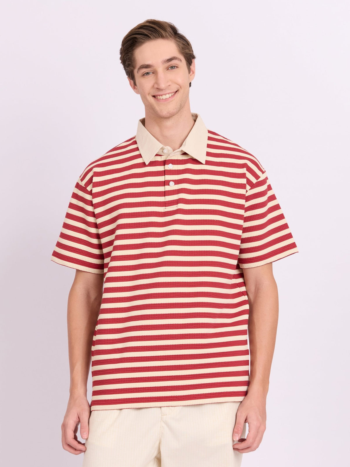 Neliis-1 - Textured Stripe Polo T-Shirt – Red - Espanshe
