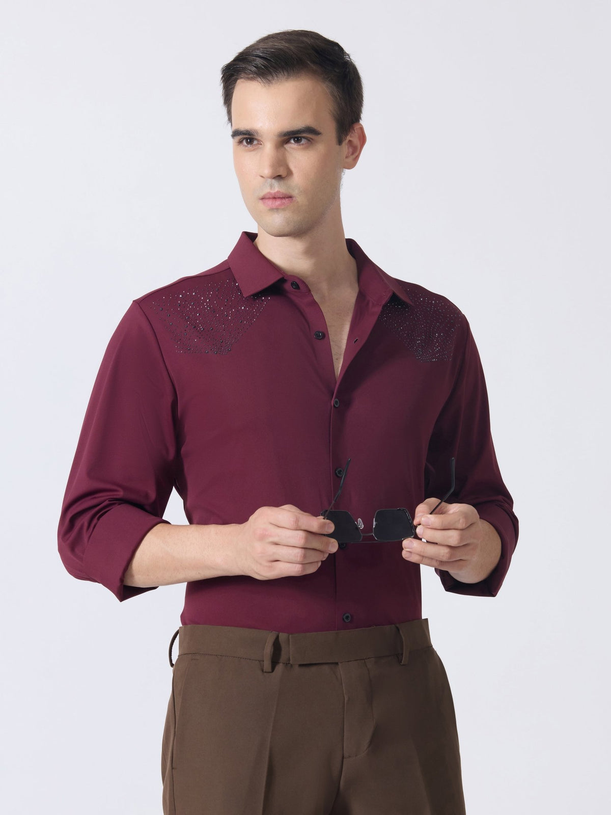 Nemo-5 - Stone Embellished Shirt - Maroon - Espanshe