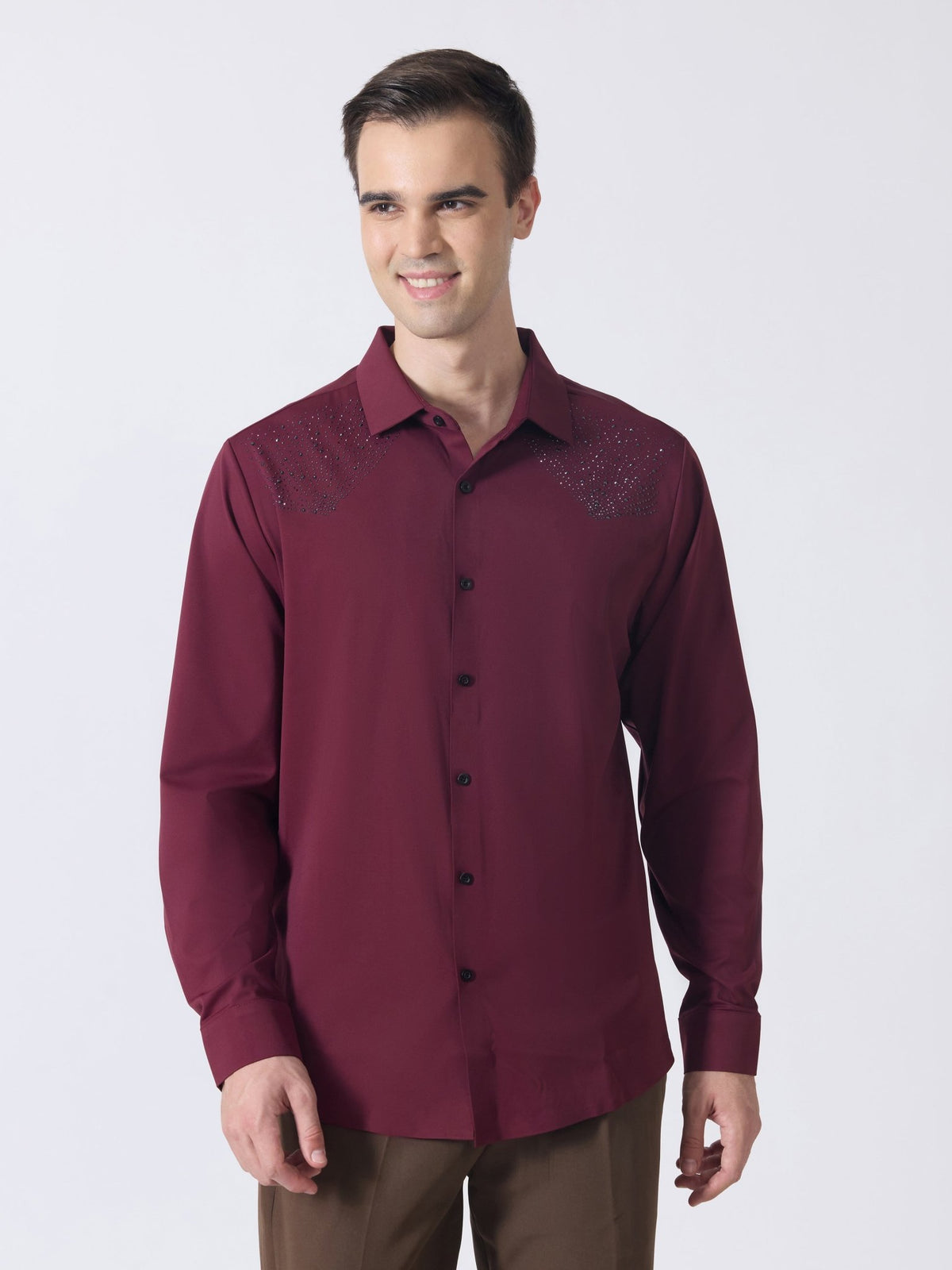 Nemo-5 - Stone Embellished Shirt - Maroon - Espanshe