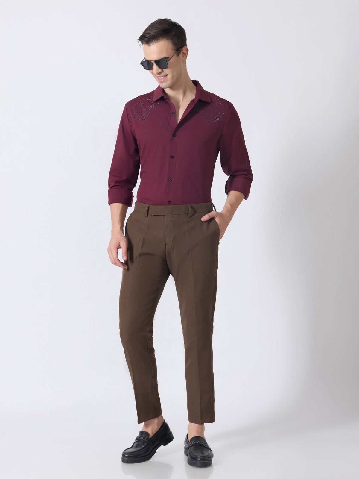 Nemo-5 - Stone Embellished Shirt - Maroon - Espanshe