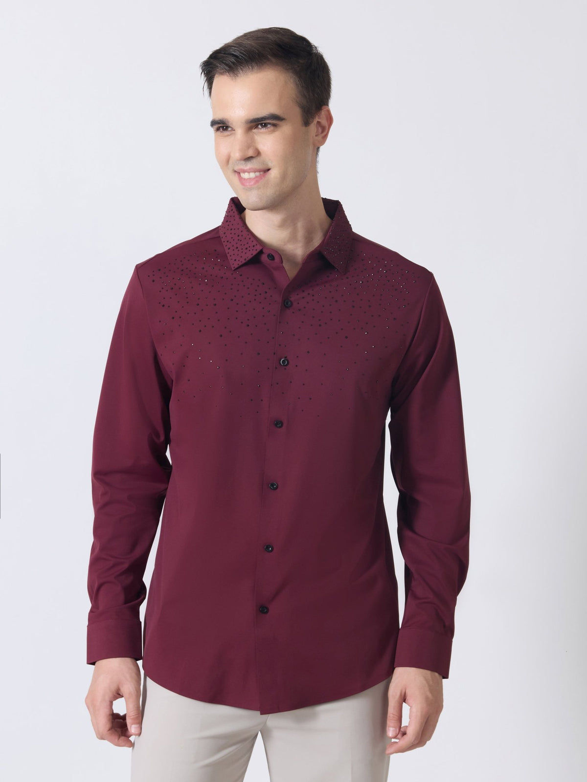 Nemo-1 - Stone Embellished Shirt - Maroon - Espanshe