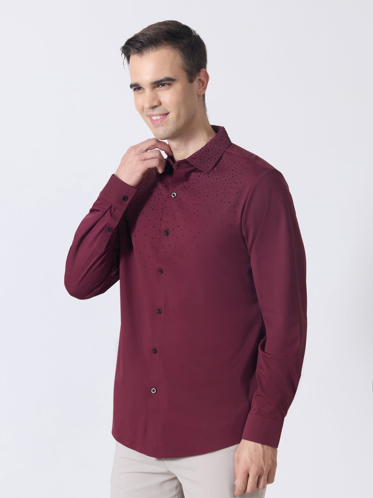 Nemo-1 - Stone Embellished Shirt - Maroon - Espanshe
