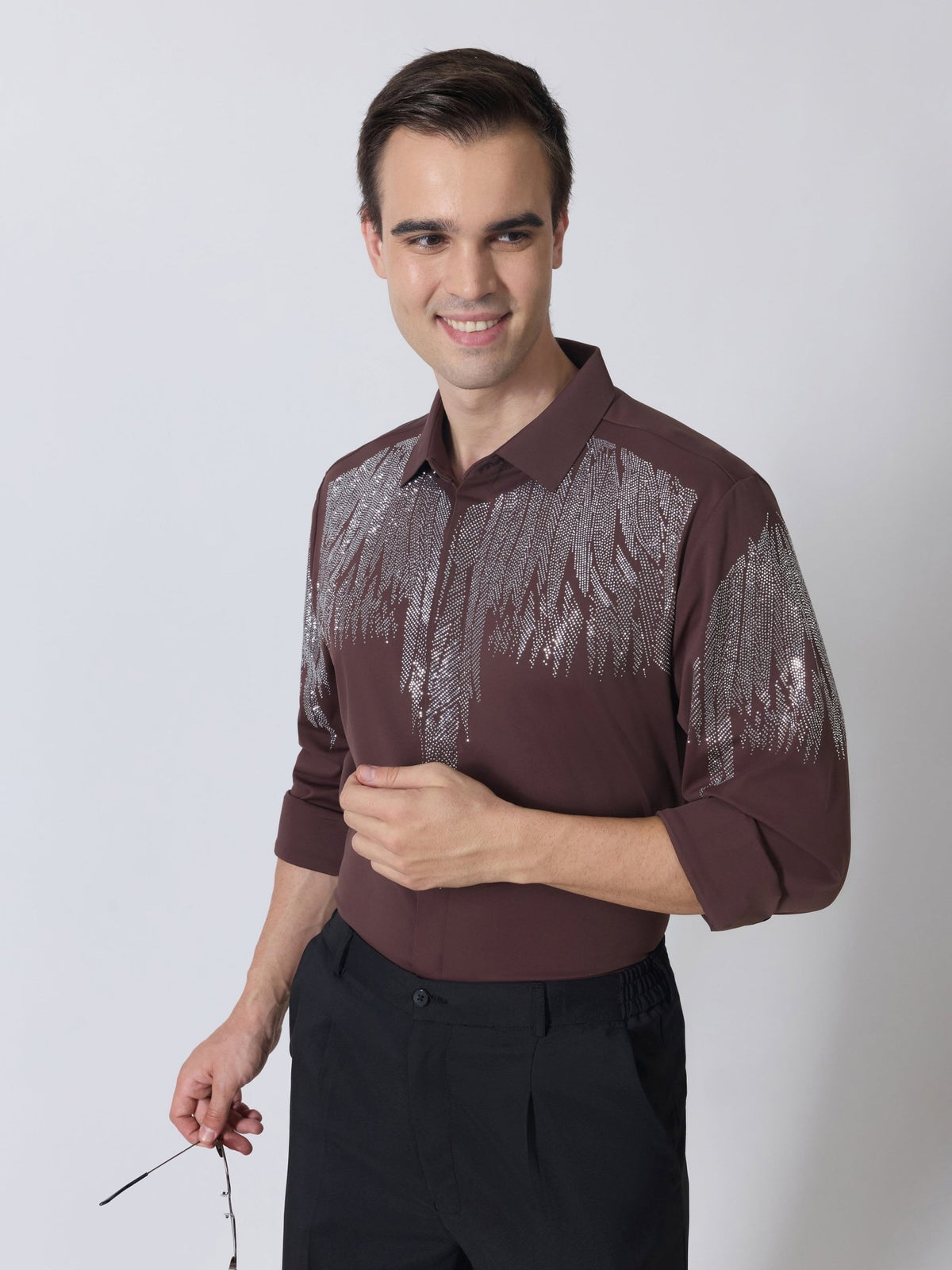 Nemo-3 - Stone Embellished Shirt - Coffee - Espanshe