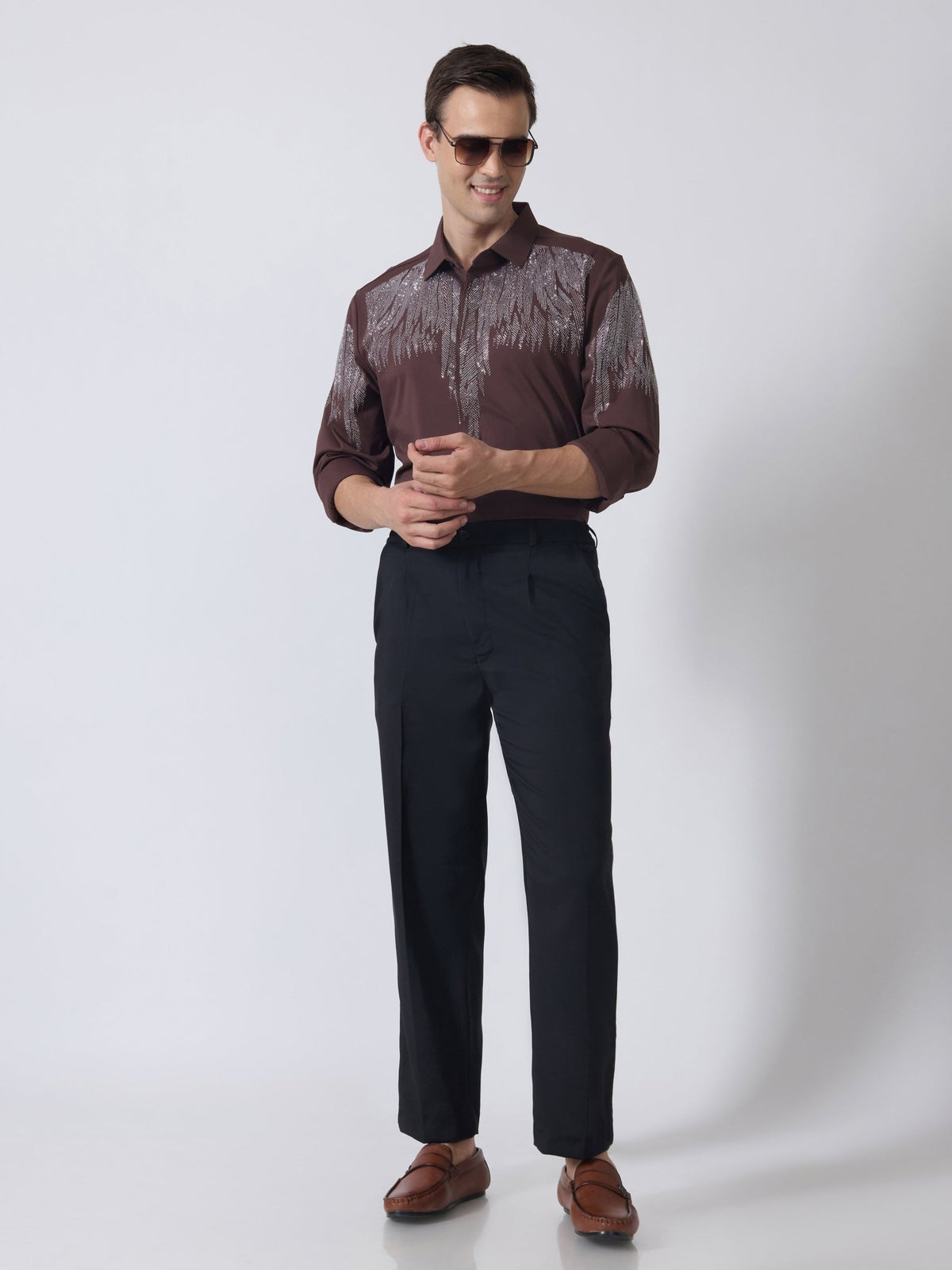 Nemo-3 - Stone Embellished Shirt - Coffee - Espanshe