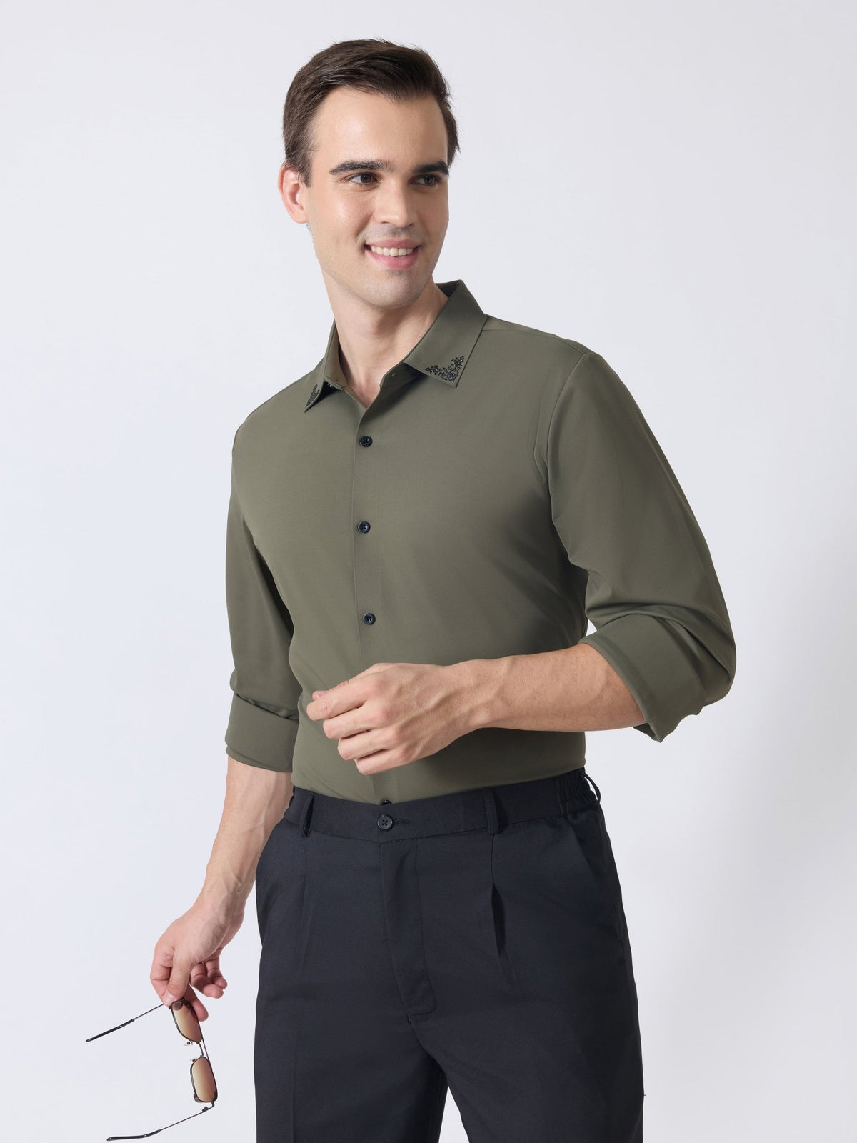 Nemo-6 - Stone Embellished Shirt - Olive Green - Espanshe