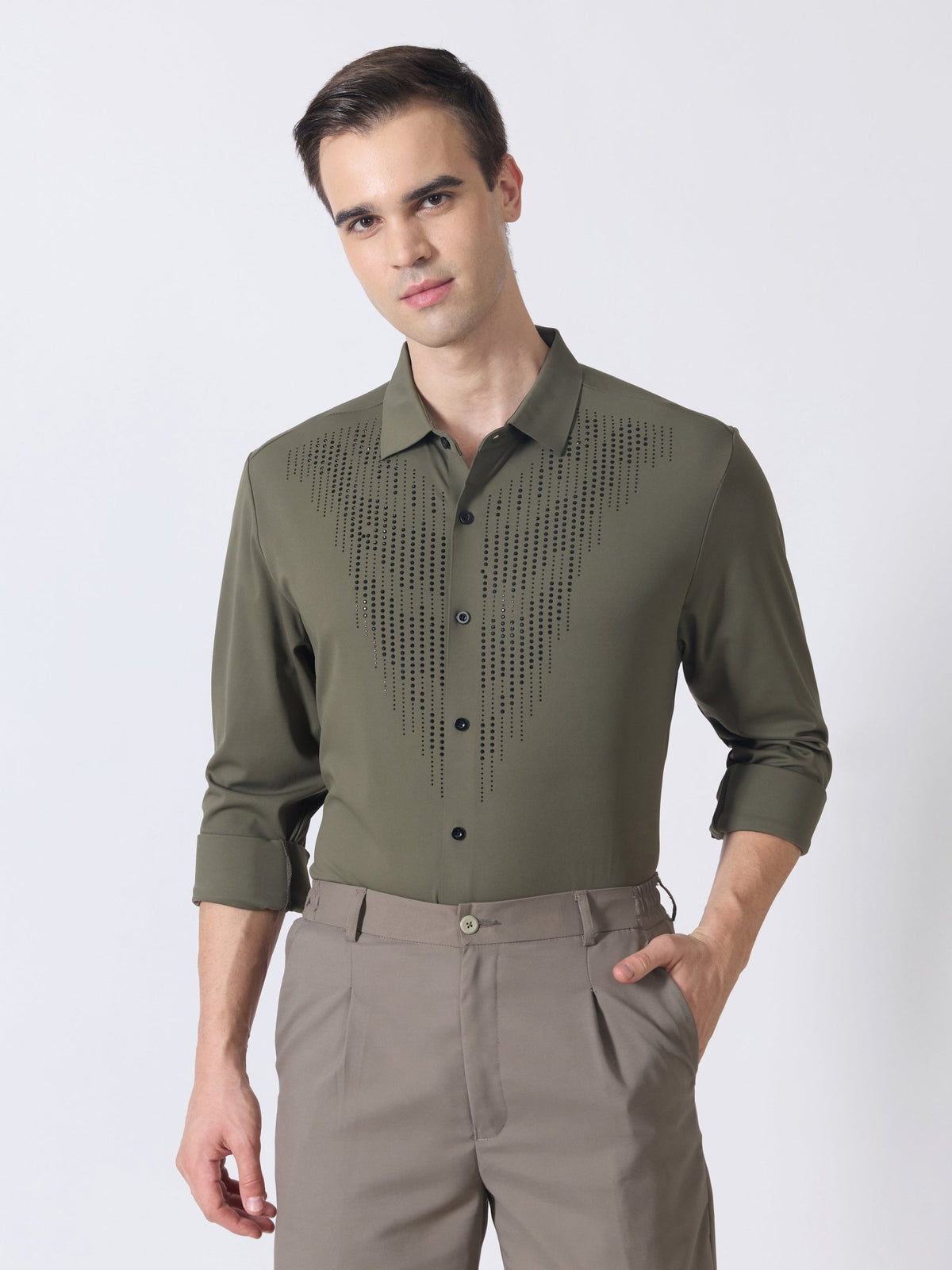 Nemo-8 - Stone Embellished Shirt - Olive Green - Espanshe