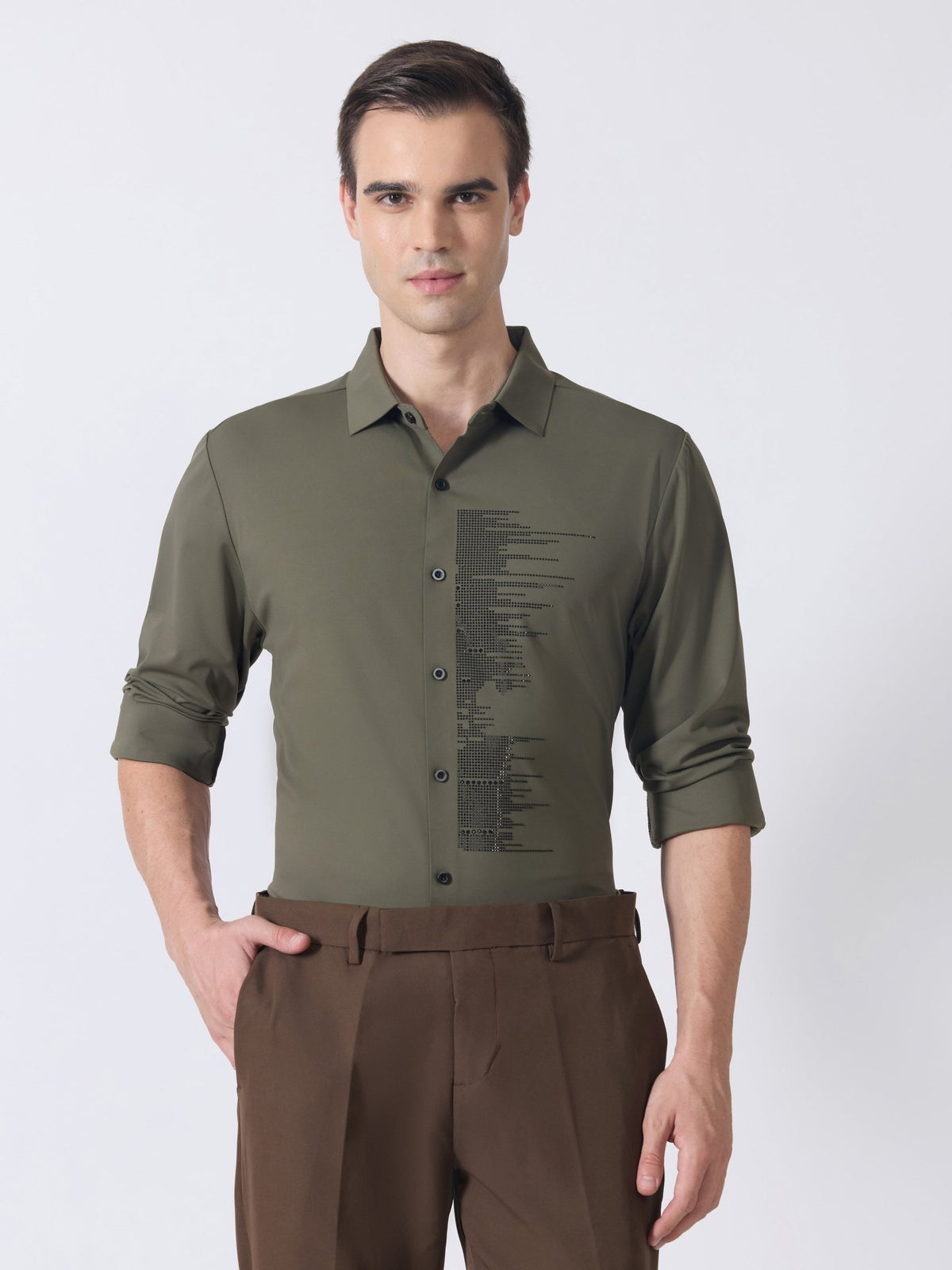 Nemo-9 - Stone Embellished Shirt - Olive Green - Espanshe