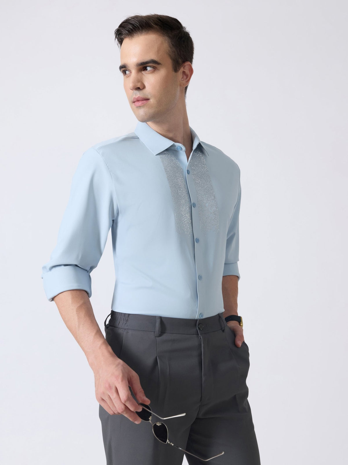 Nemo-10 - Stone Embellished Shirt - Light Blue - Espanshe