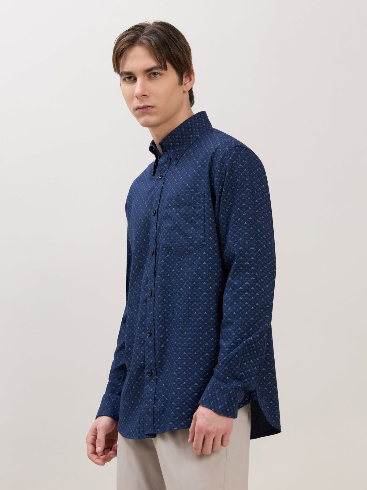 Nerelo - Smart Fit Printed Cotton Shirt - Dark Blue - Espanshe