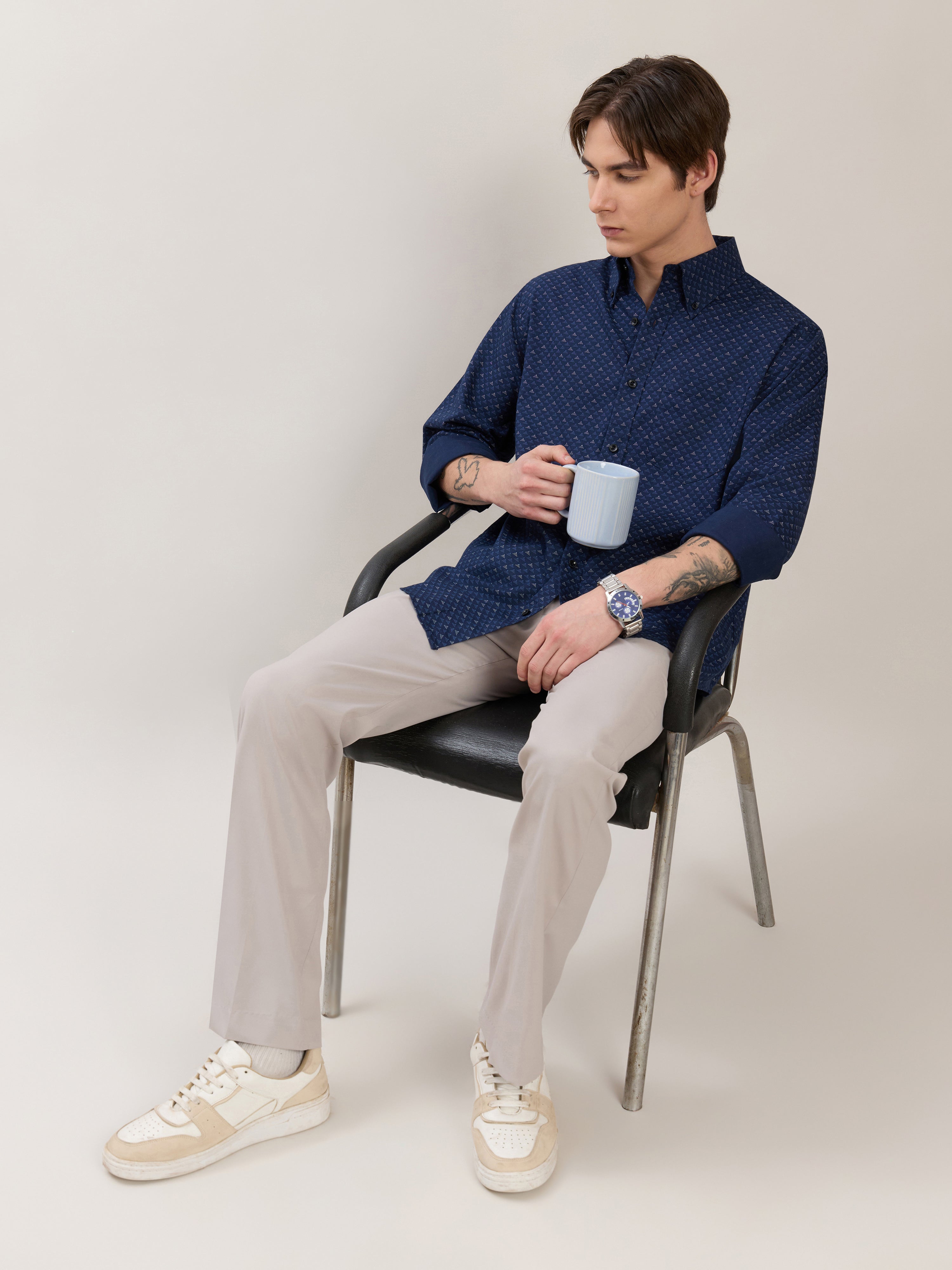 Nerelo - Smart Fit Printed Cotton Shirt - Dark Blue