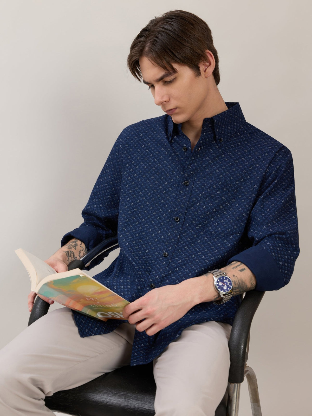 Nerelo - Smart Fit Printed Cotton Shirt - Dark Blue - Espanshe