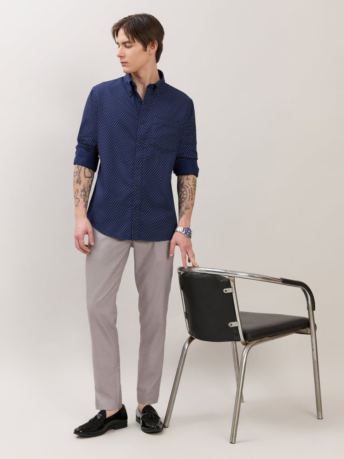 Nerelo - Smart Fit Printed Cotton Shirt - Navy Blue - Espanshe