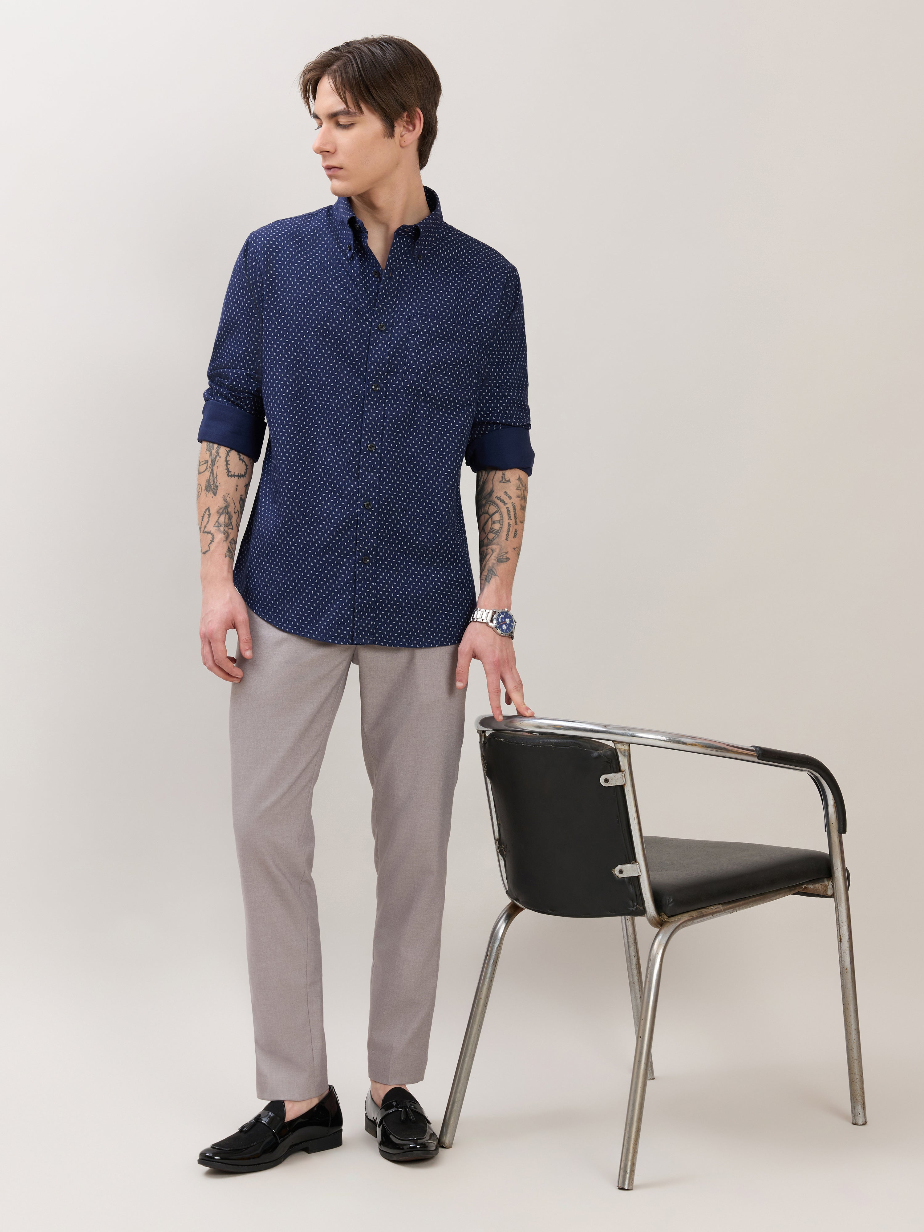 Nerelo - Smart Fit Printed Cotton Shirt - Navy Blue