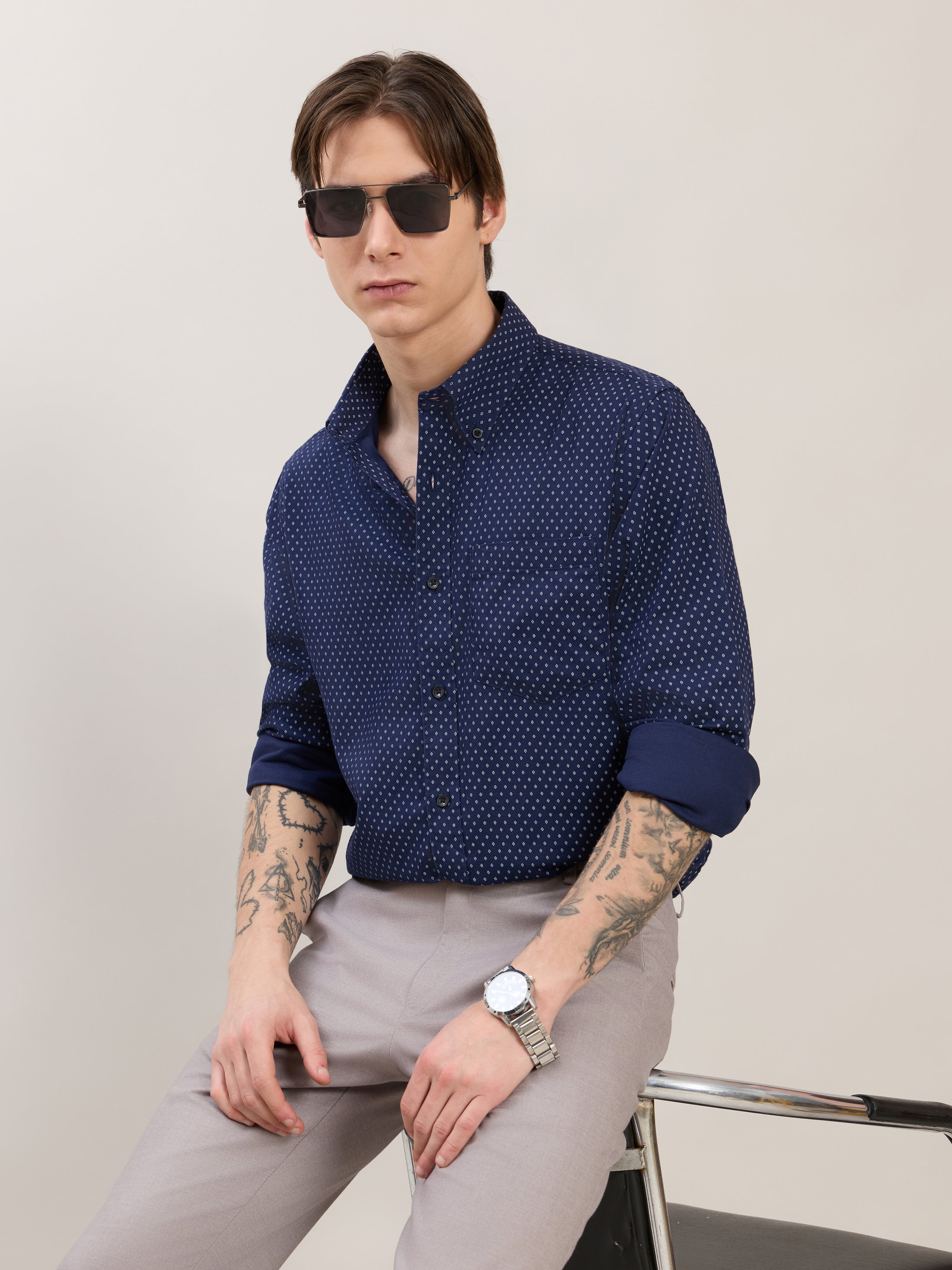 Nerelo - Smart Fit Printed Cotton Shirt - Navy Blue