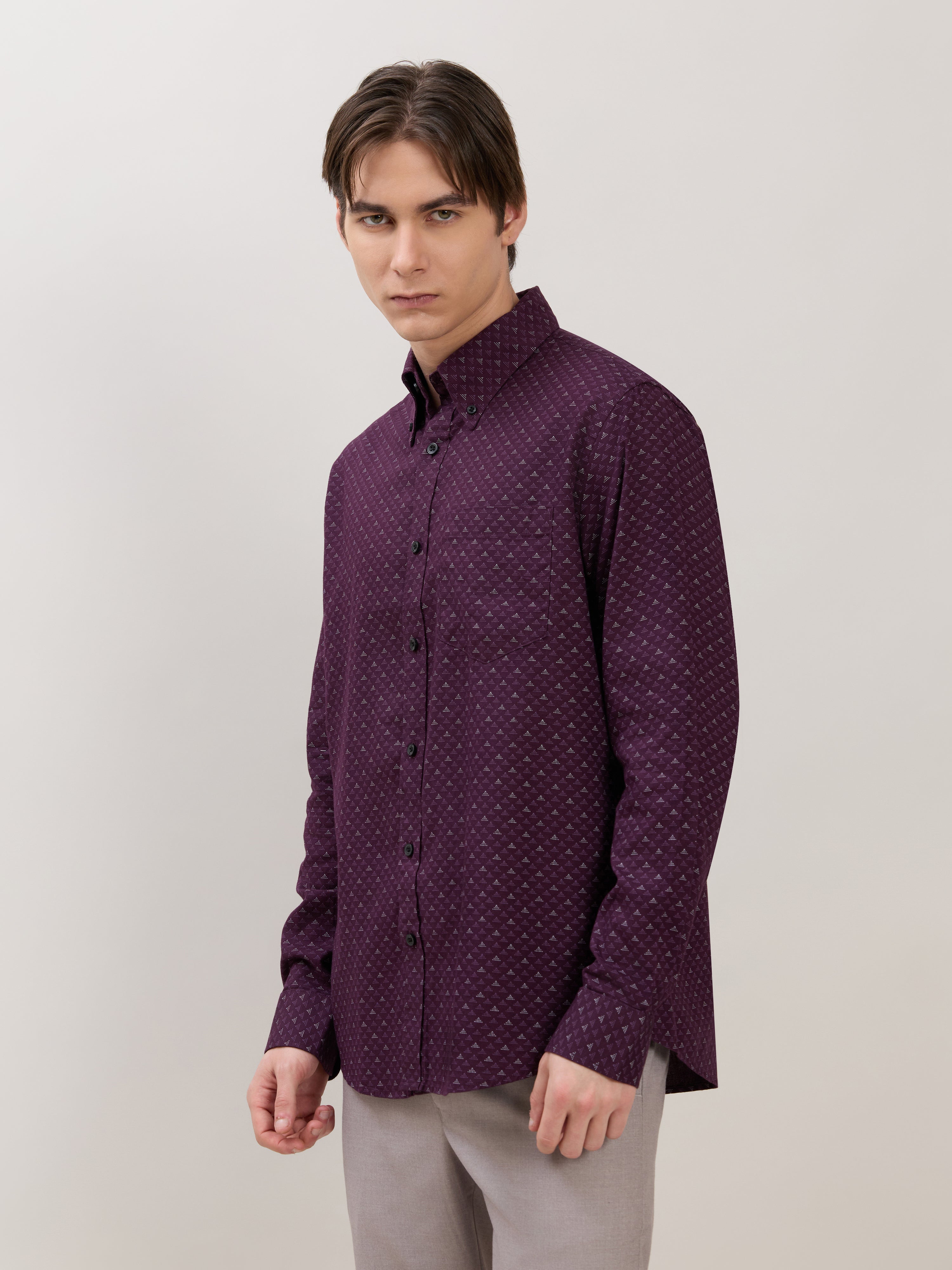 Nerelo - Smart Fit Printed Cotton Shirt - Dark Purple
