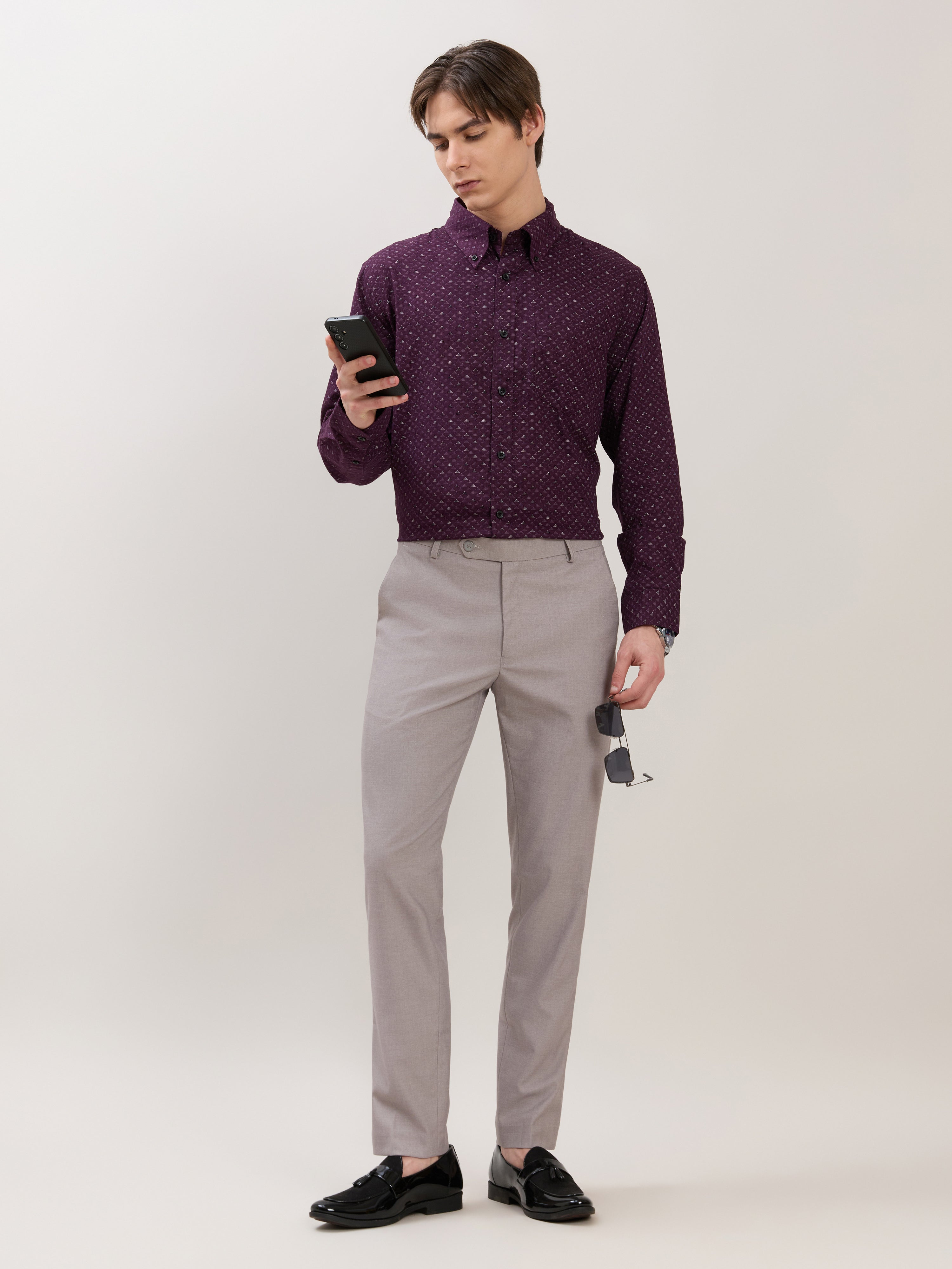 Nerelo - Smart Fit Printed Cotton Shirt - Dark Purple