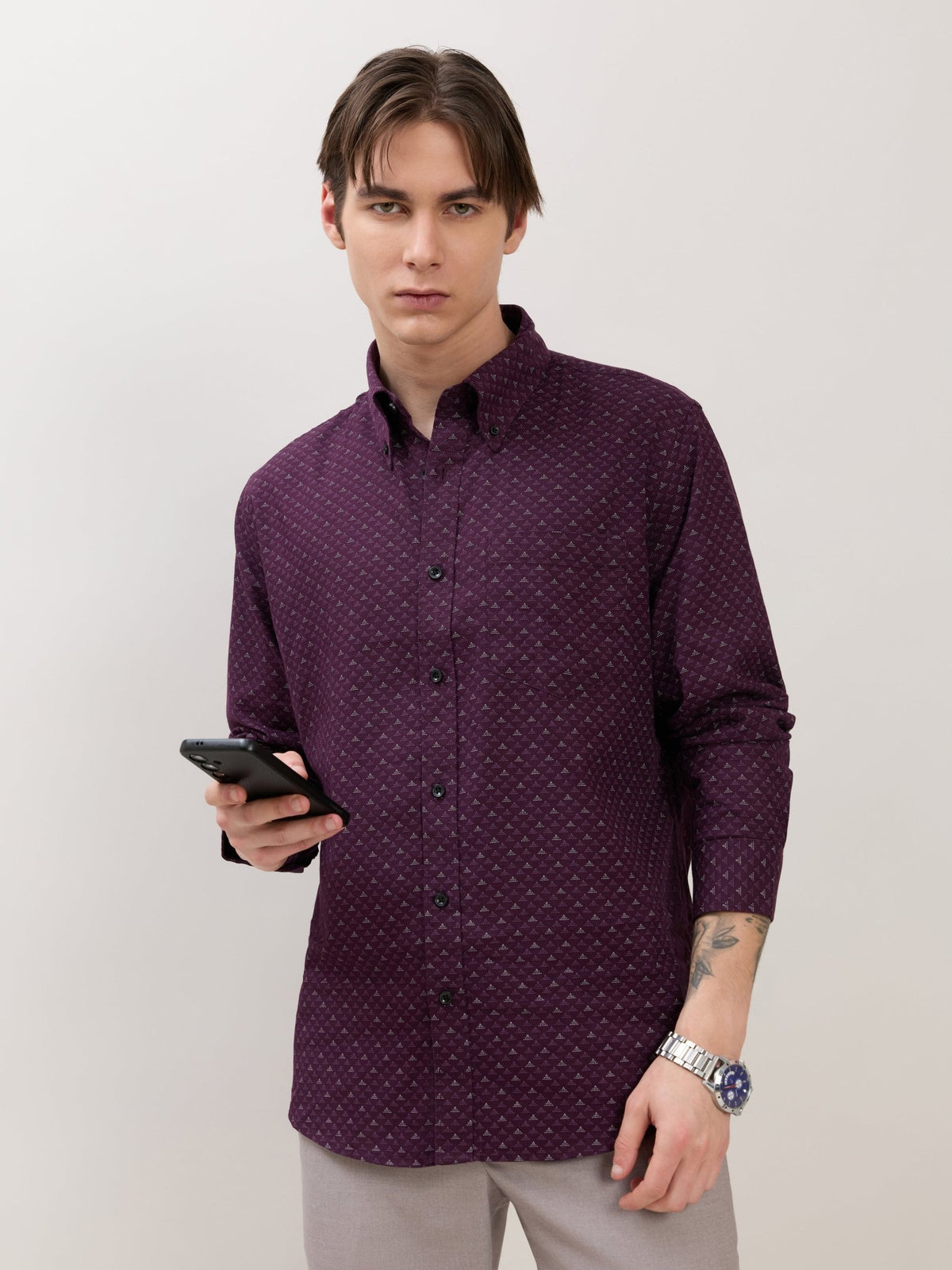 Nerelo - Smart Fit Printed Cotton Shirt - Dark Purple - Espanshe