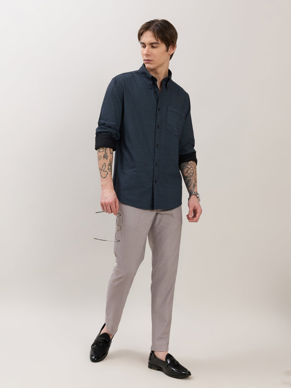 Nerelo - Smart Fit Printed Cotton Shirt - Midnight Blue - Espanshe