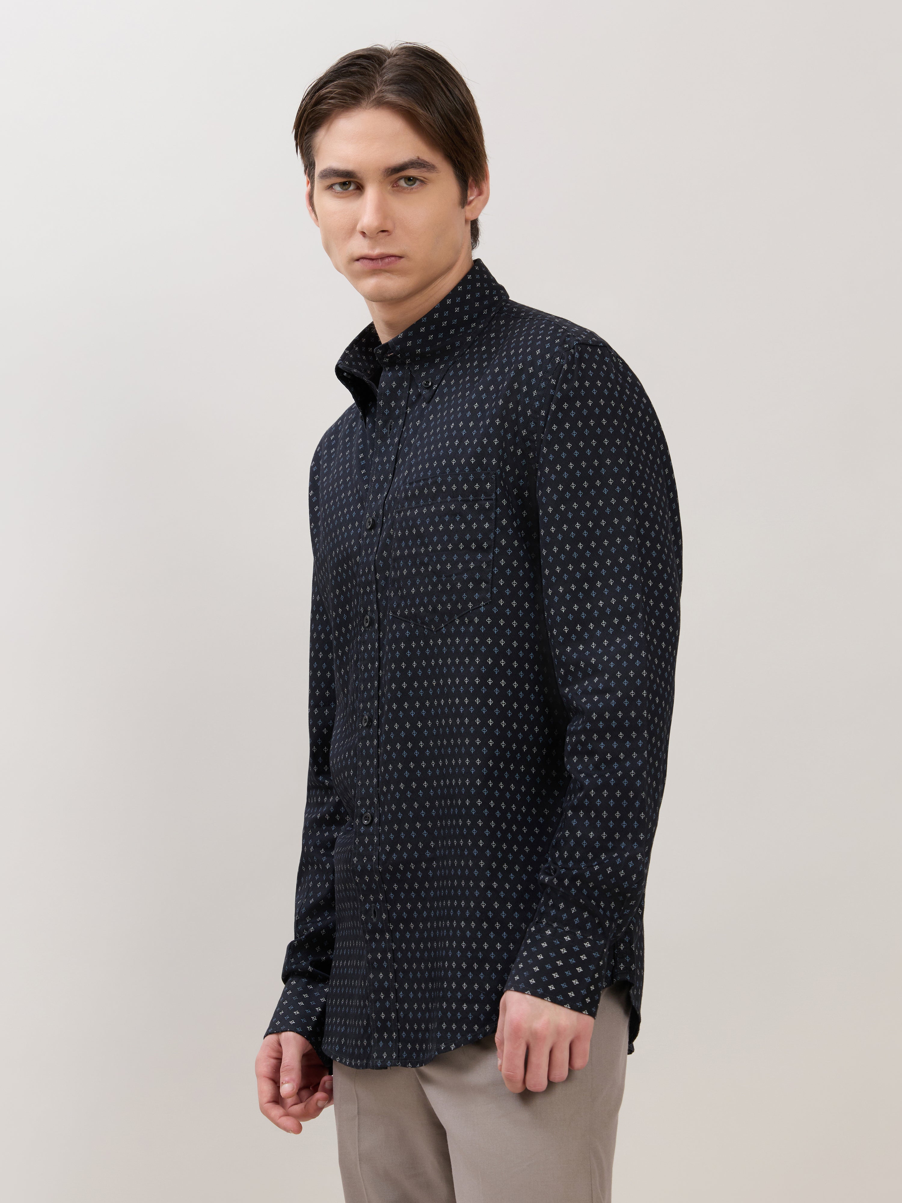 Men's Smart Fit Printed Cotton Shirt - Sable Black