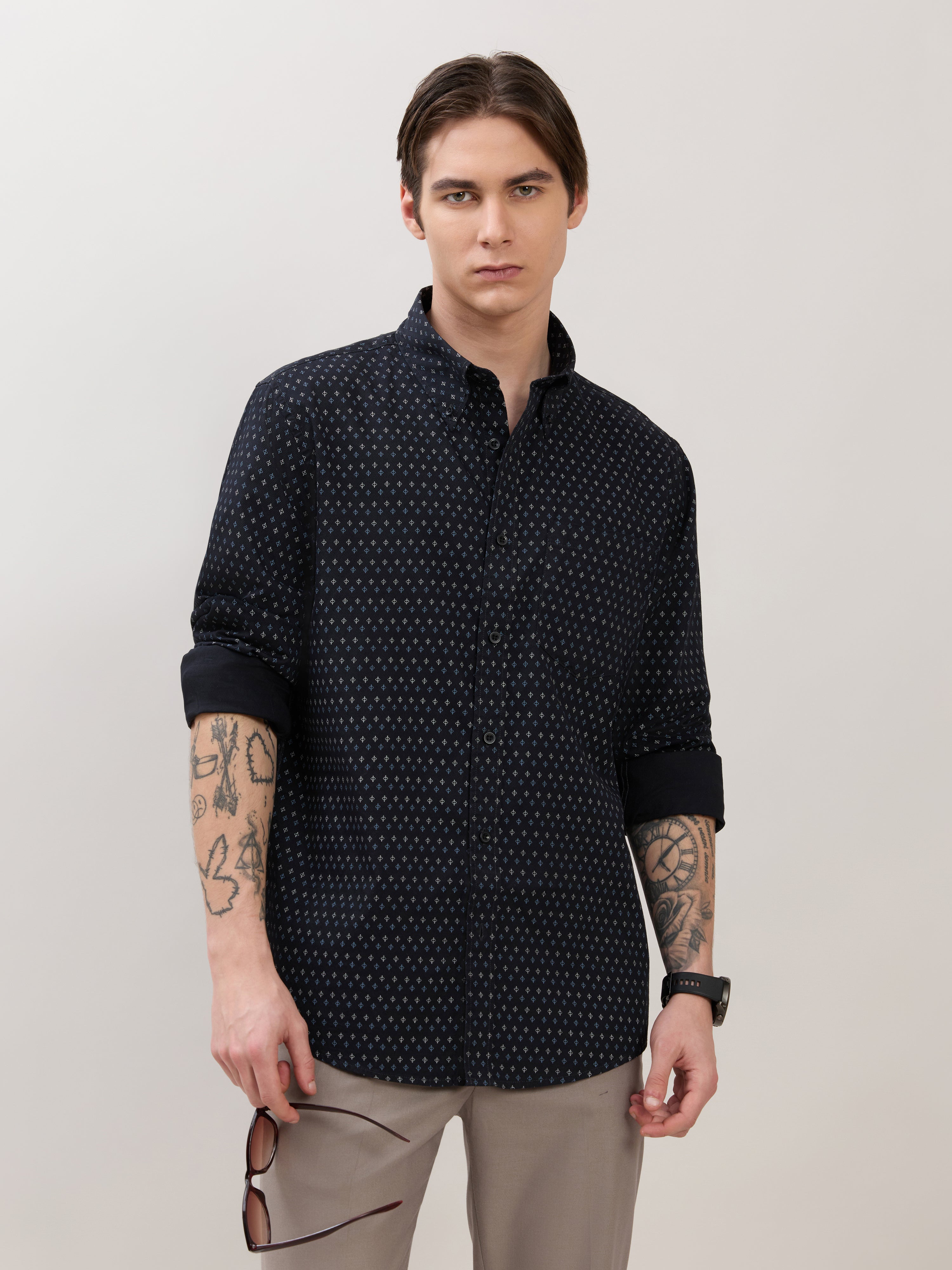 Nerelo - Smart Fit Printed Cotton Shirt - Sable Black