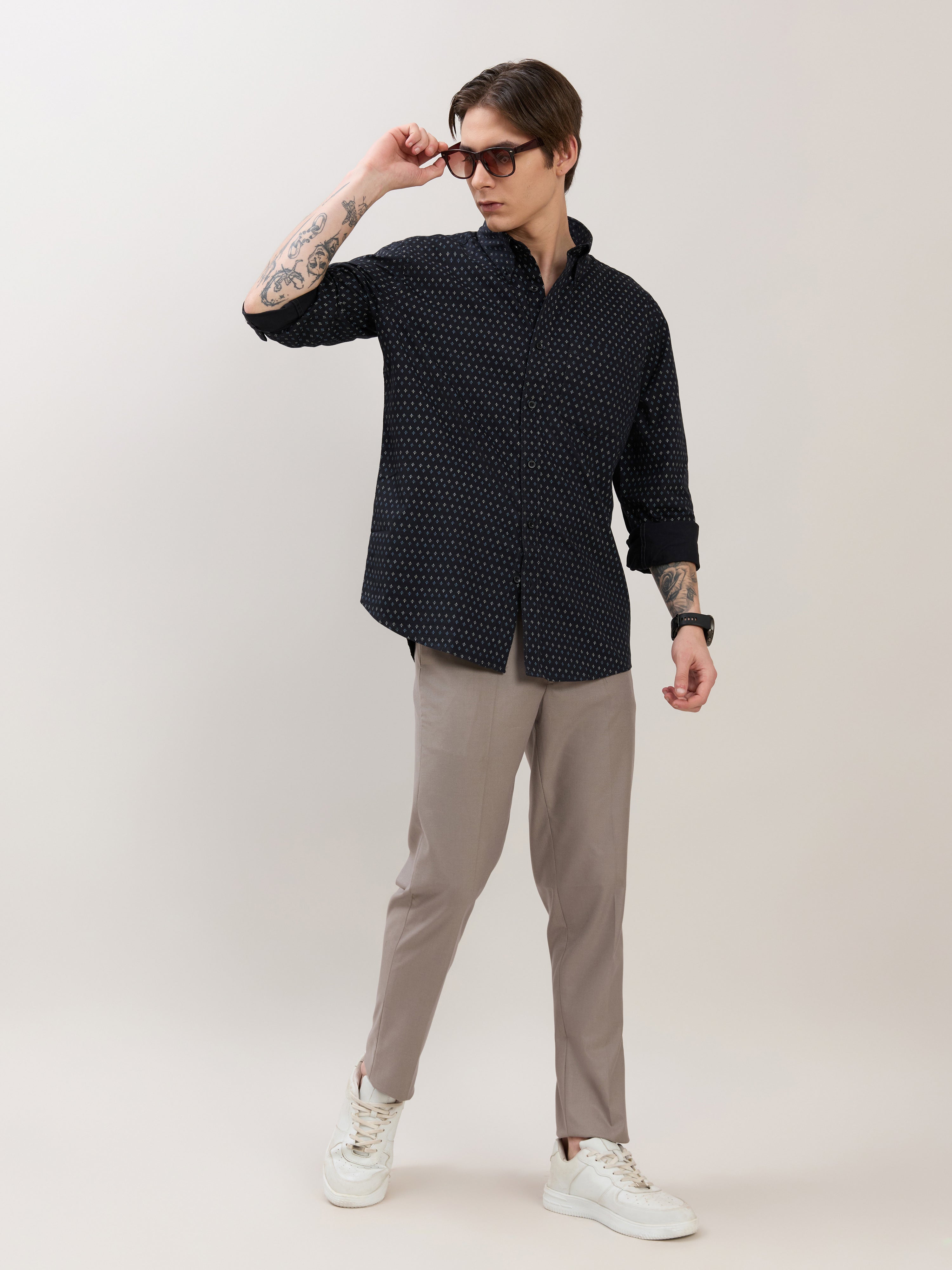 Nerelo - Smart Fit Printed Cotton Shirt - Sable Black
