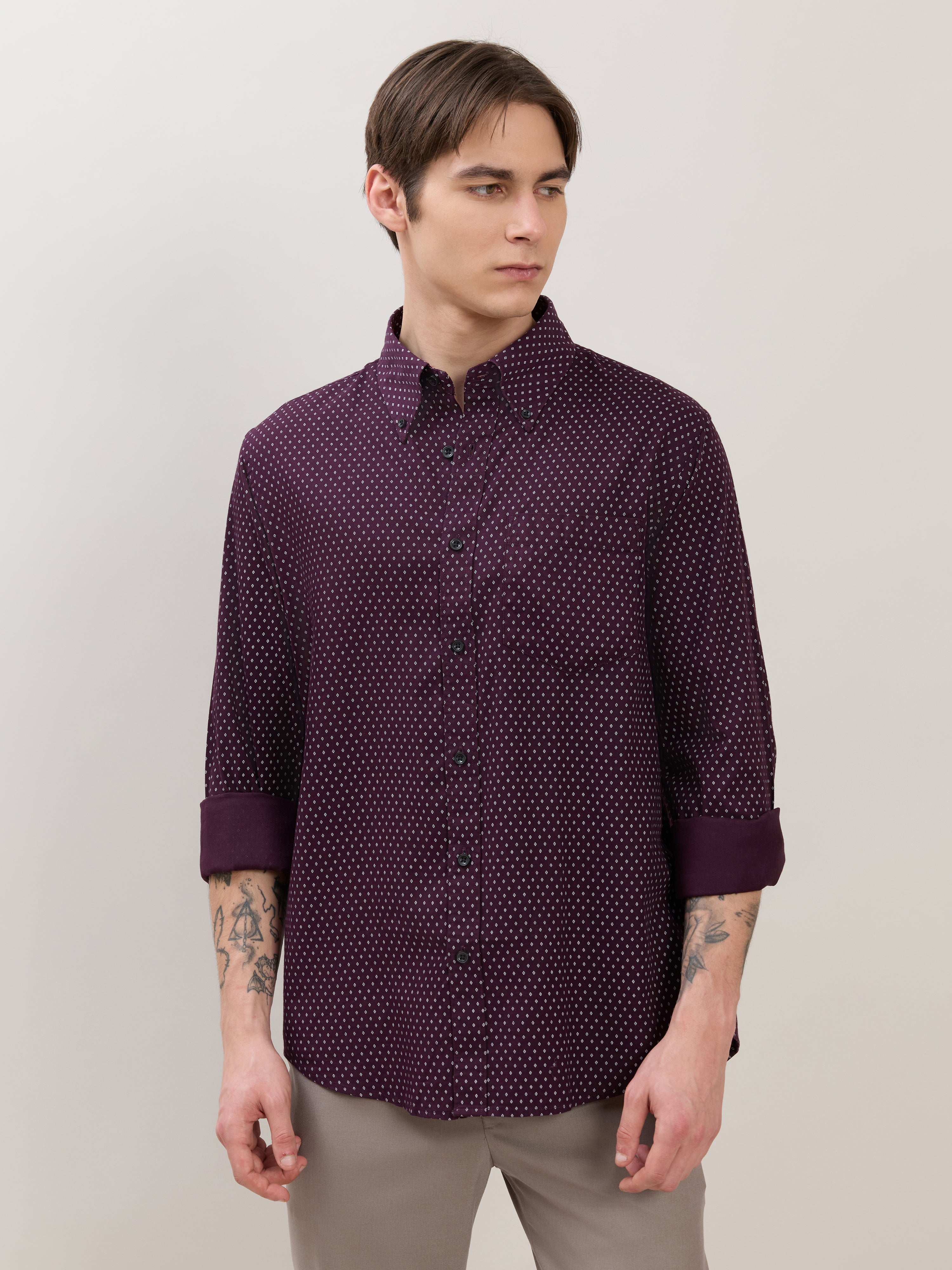 Nerelo - Smart Fit Printed Cotton Shirt - Dark Plum