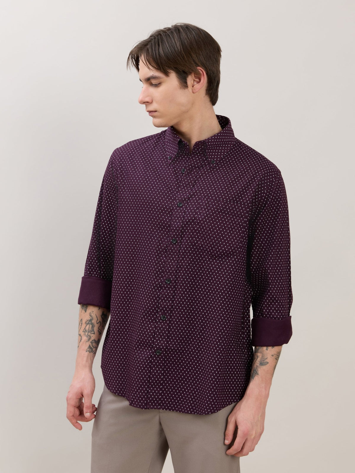 Nerelo - Smart Fit Printed Cotton Shirt - Dark Plum - Espanshe