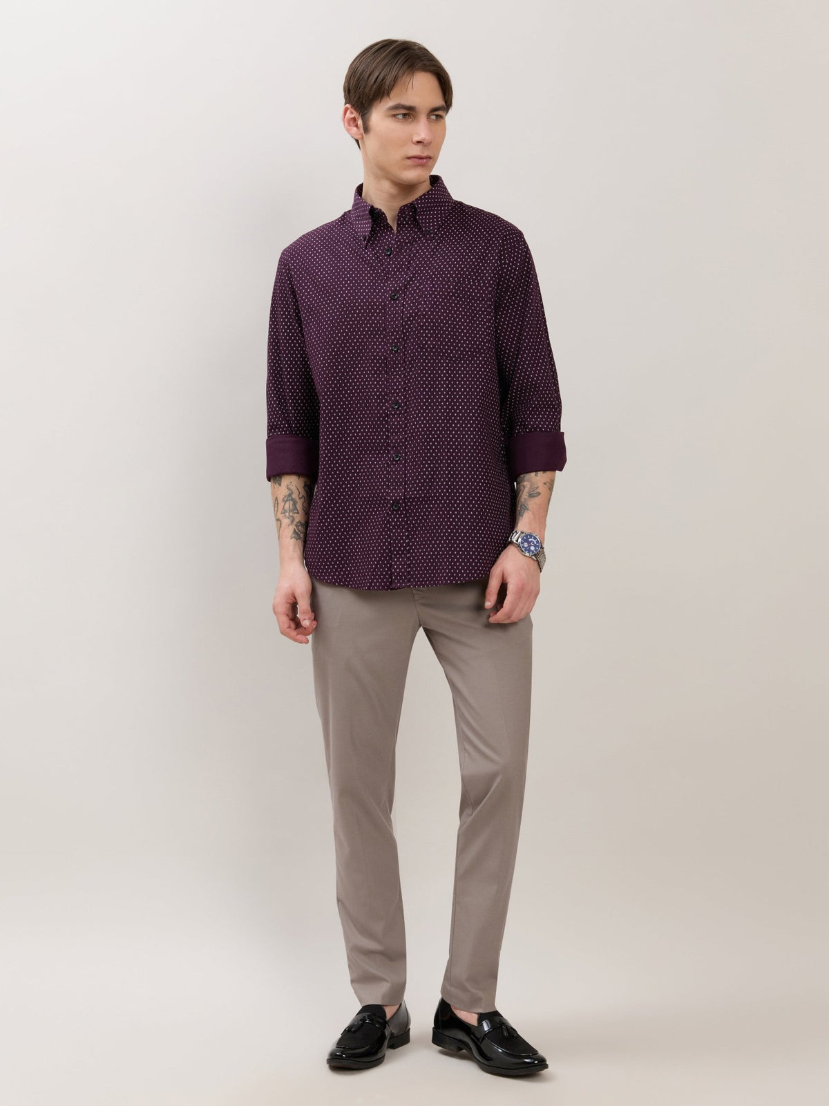 Nerelo - Smart Fit Printed Cotton Shirt - Dark Plum - Espanshe