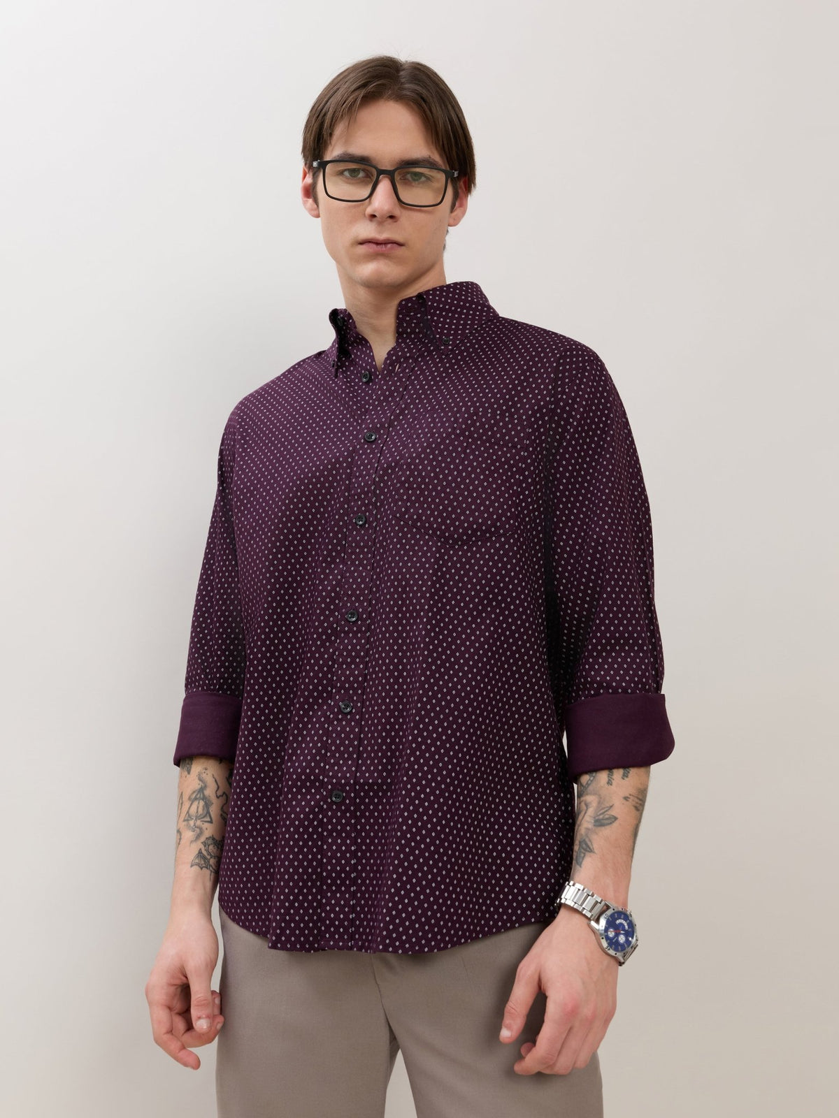 Nerelo - Smart Fit Printed Cotton Shirt - Dark Plum - Espanshe