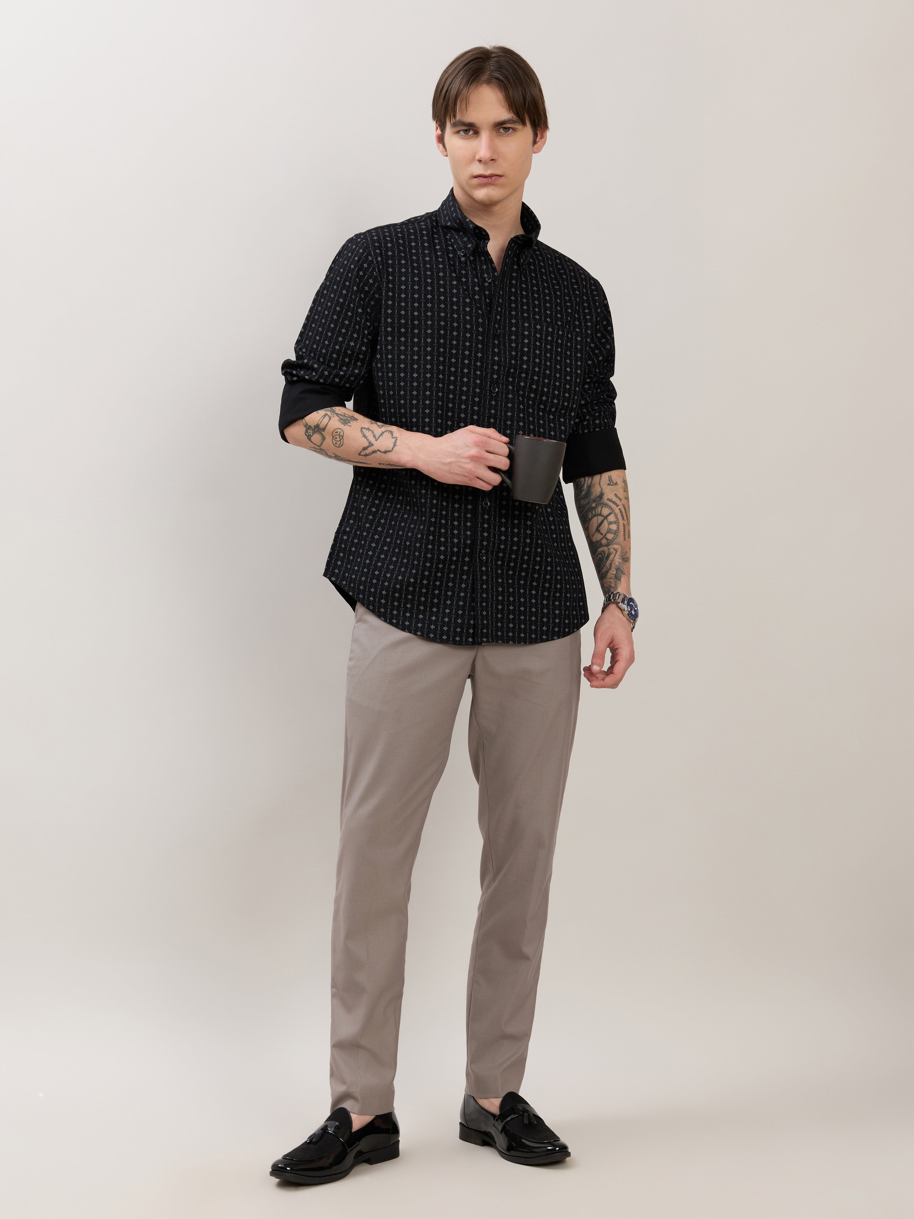 Nerelo - Smart Fit Printed Cotton Shirt - Black