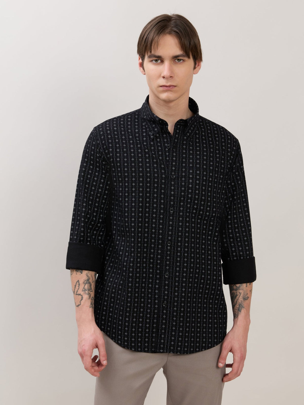 Nerelo - Smart Fit Printed Cotton Shirt - Black - Espanshe