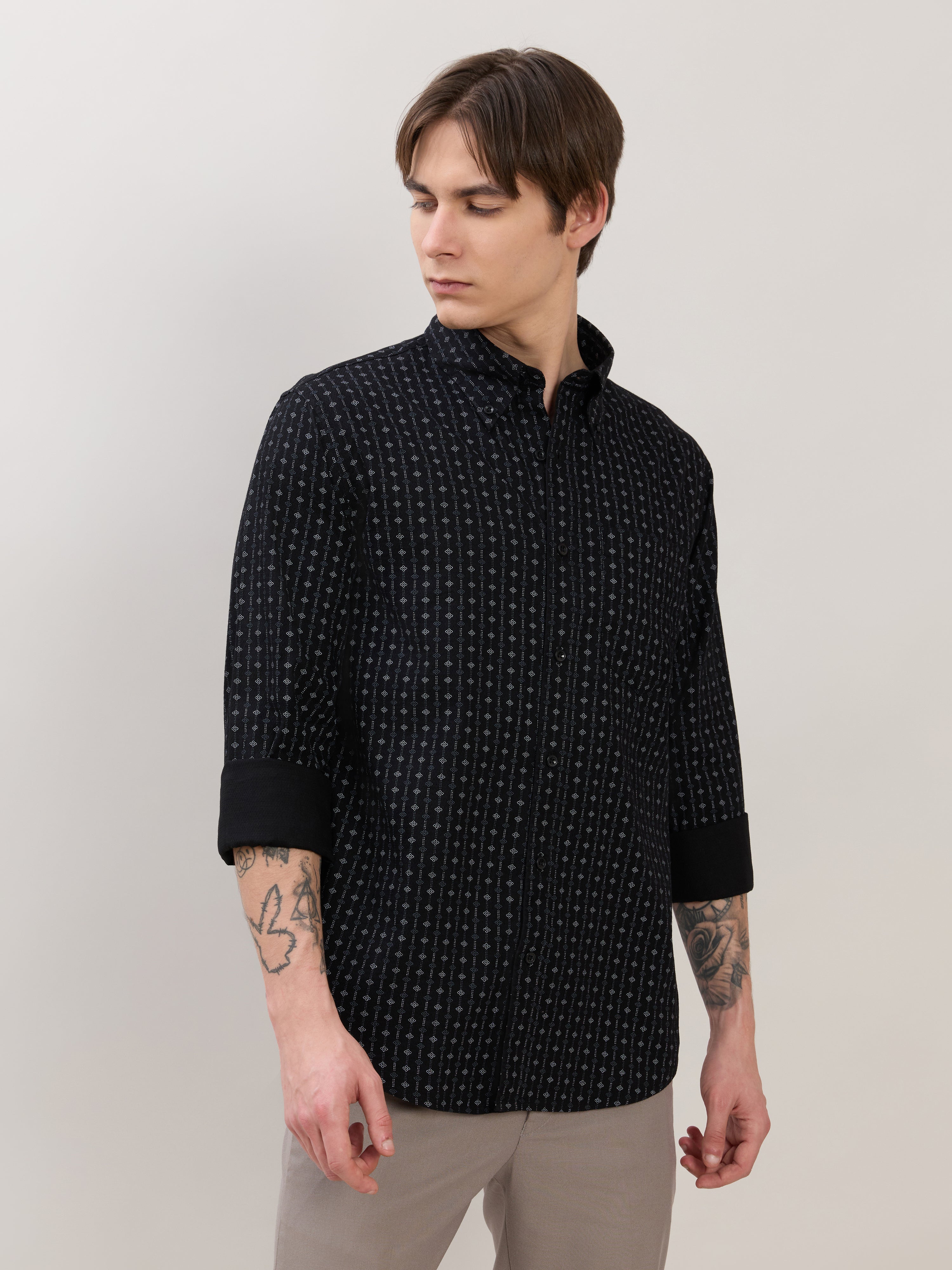 Nerelo - Smart Fit Printed Cotton Shirt - Black