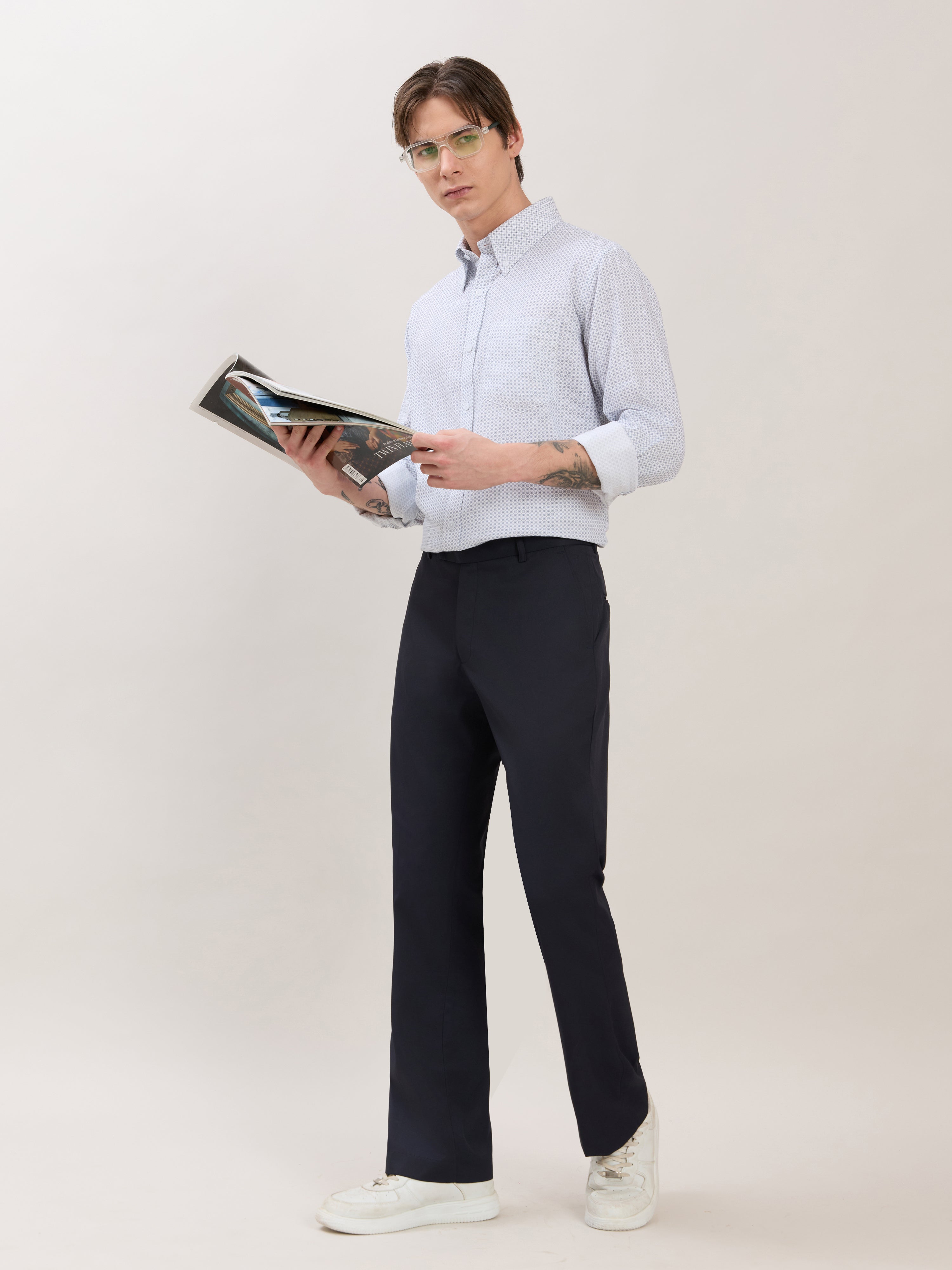 Nerelo - Smart Fit Printed Cotton Shirt - Light Blue