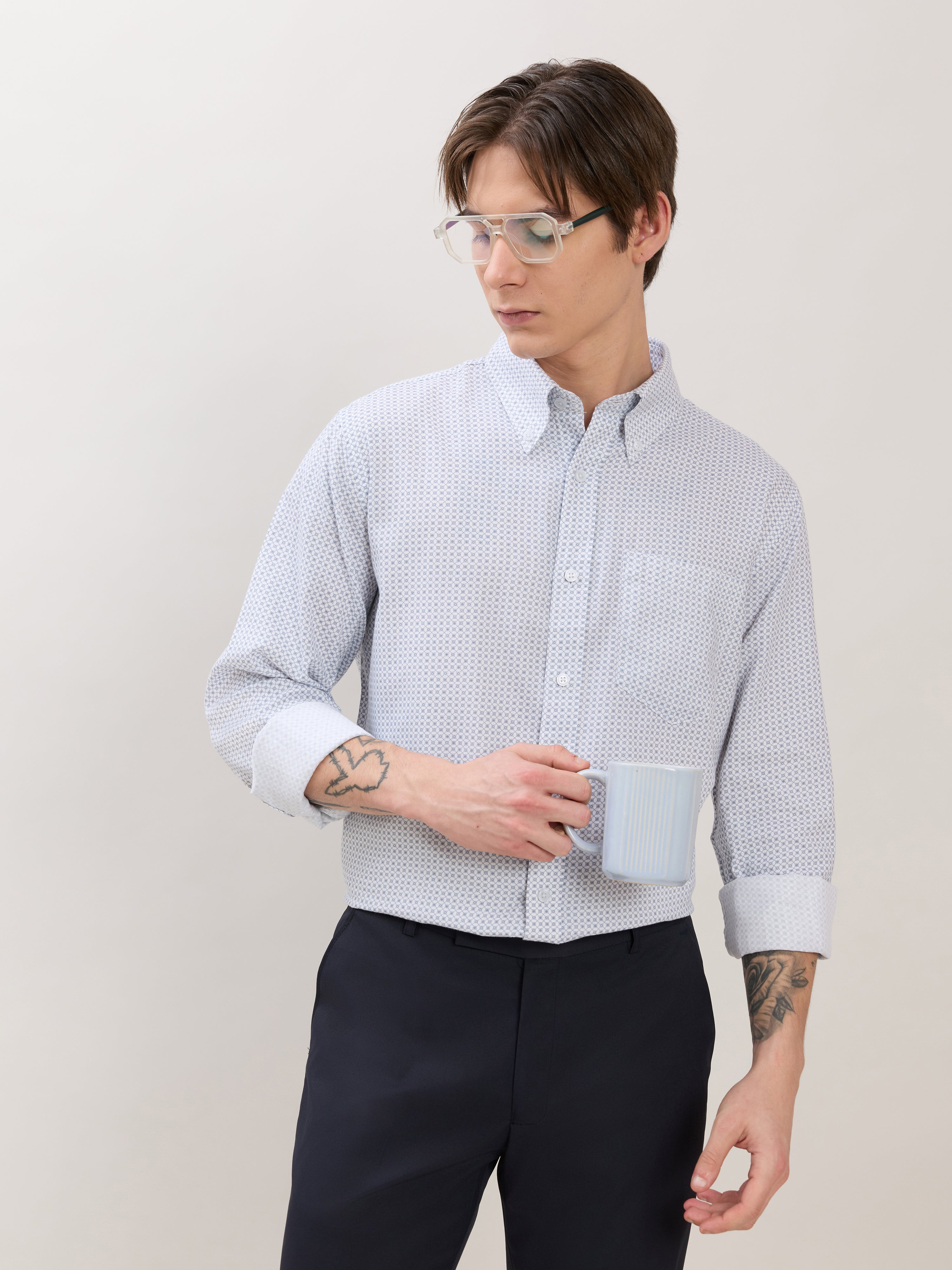 Nerelo - Smart Fit Printed Cotton Shirt - Light Blue