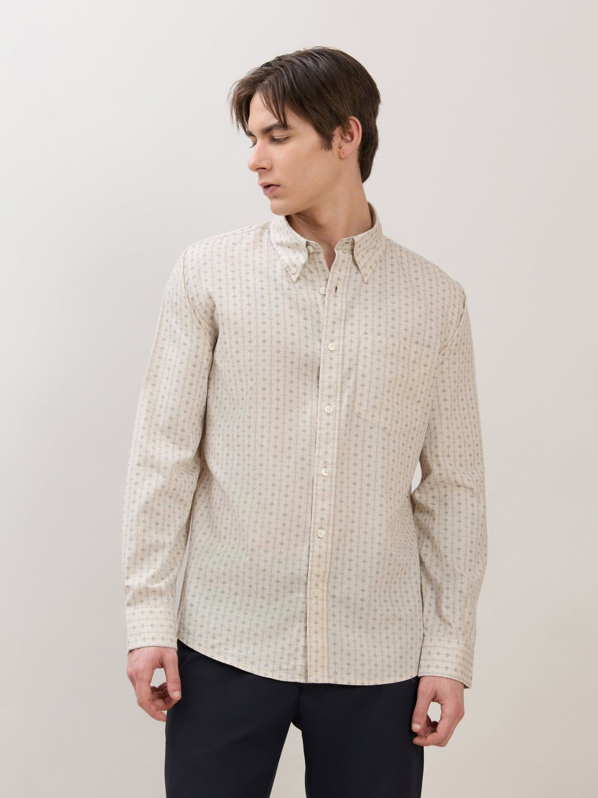 Nerelo - Smart Fit Printed Cotton Shirt - Light Beige - Espanshe