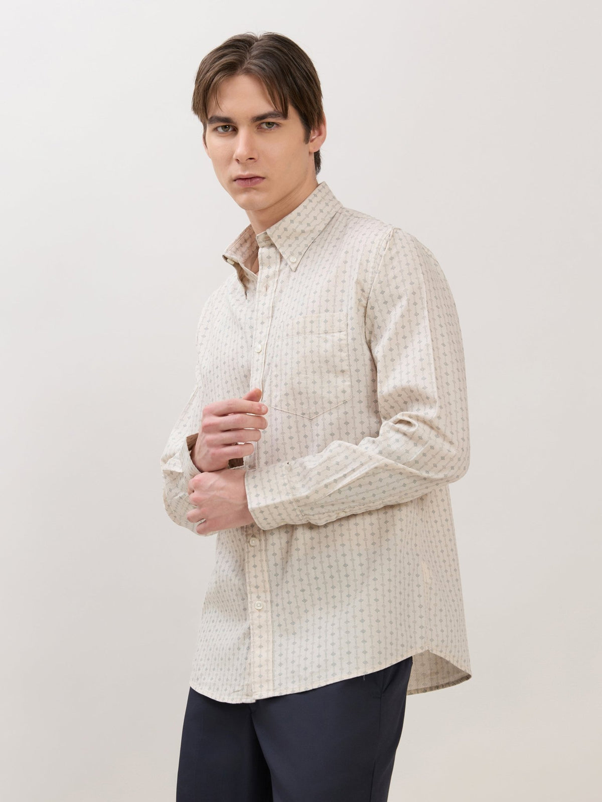 Nerelo - Smart Fit Printed Cotton Shirt - Light Beige - Espanshe