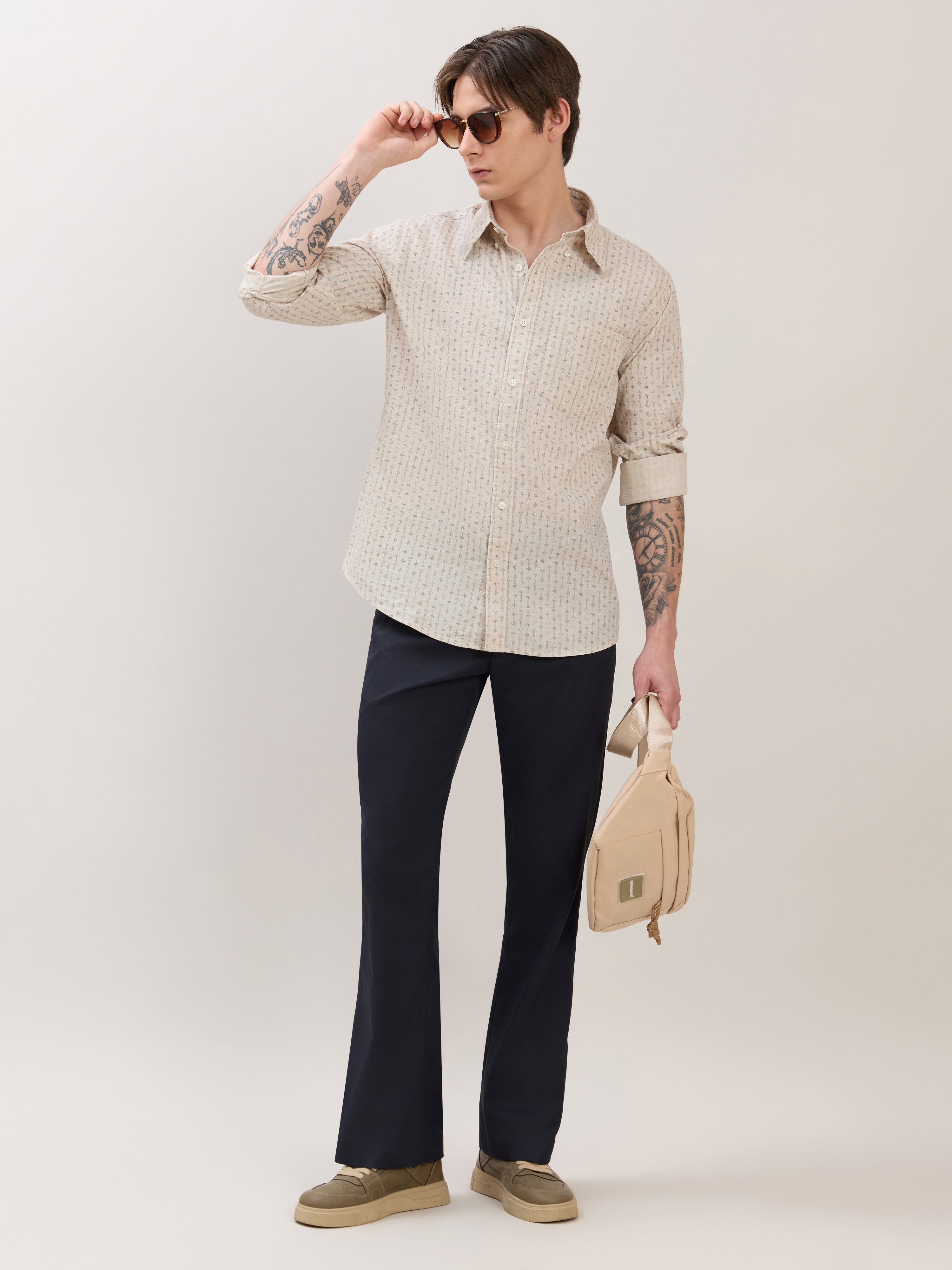 Nerelo - Smart Fit Printed Cotton Shirt - Light Beige