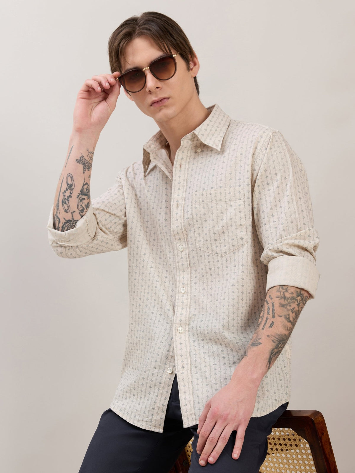 Nerelo - Smart Fit Printed Cotton Shirt - Light Beige - Espanshe