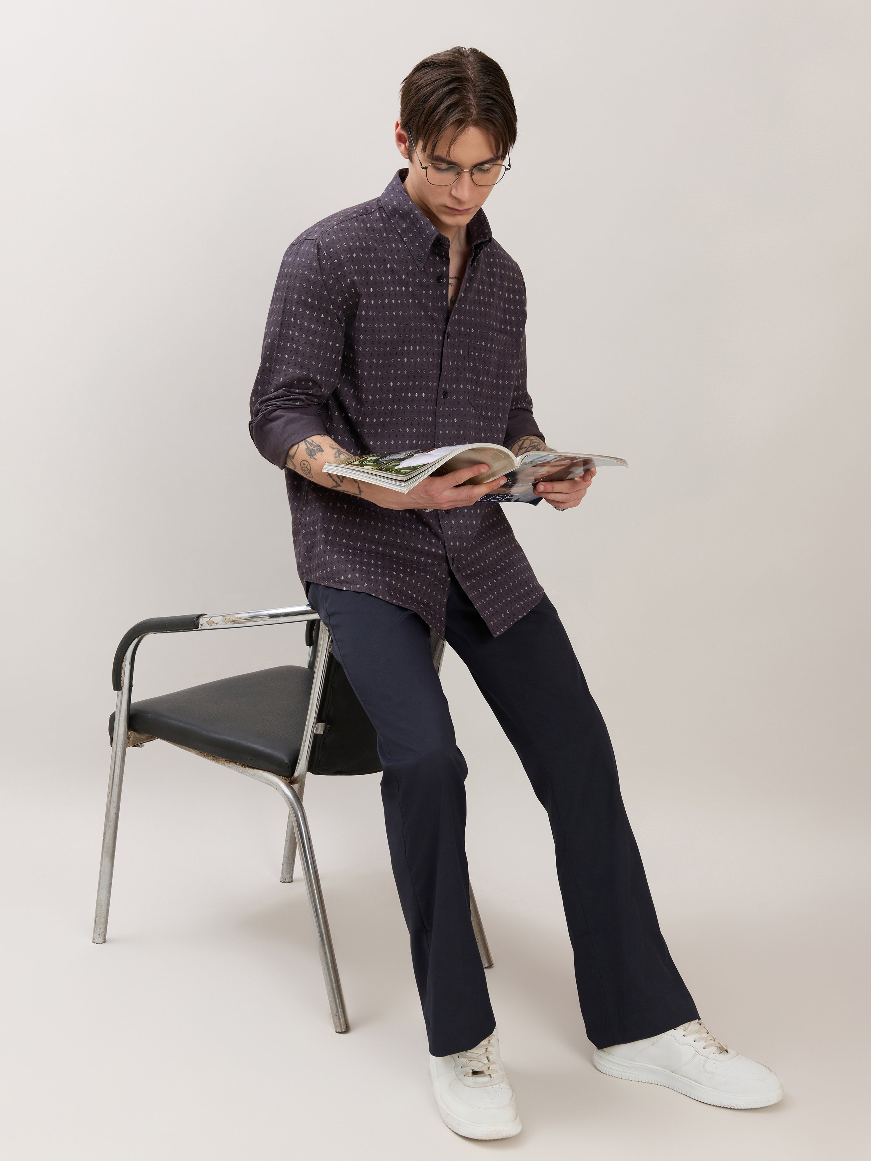 Nerelo - Smart Fit Printed Cotton Shirt - Grape