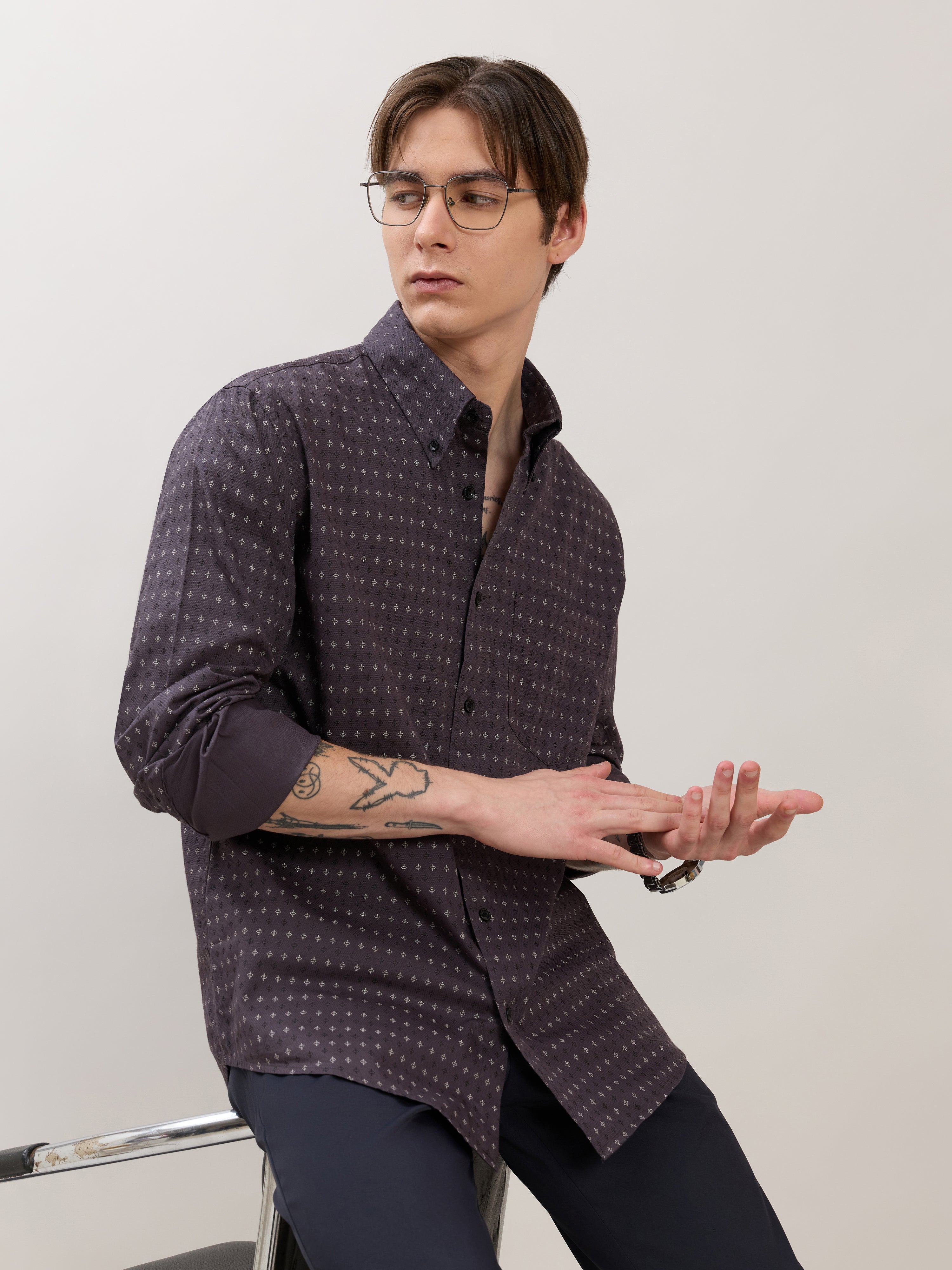 Nerelo - Smart Fit Printed Cotton Shirt - Grape