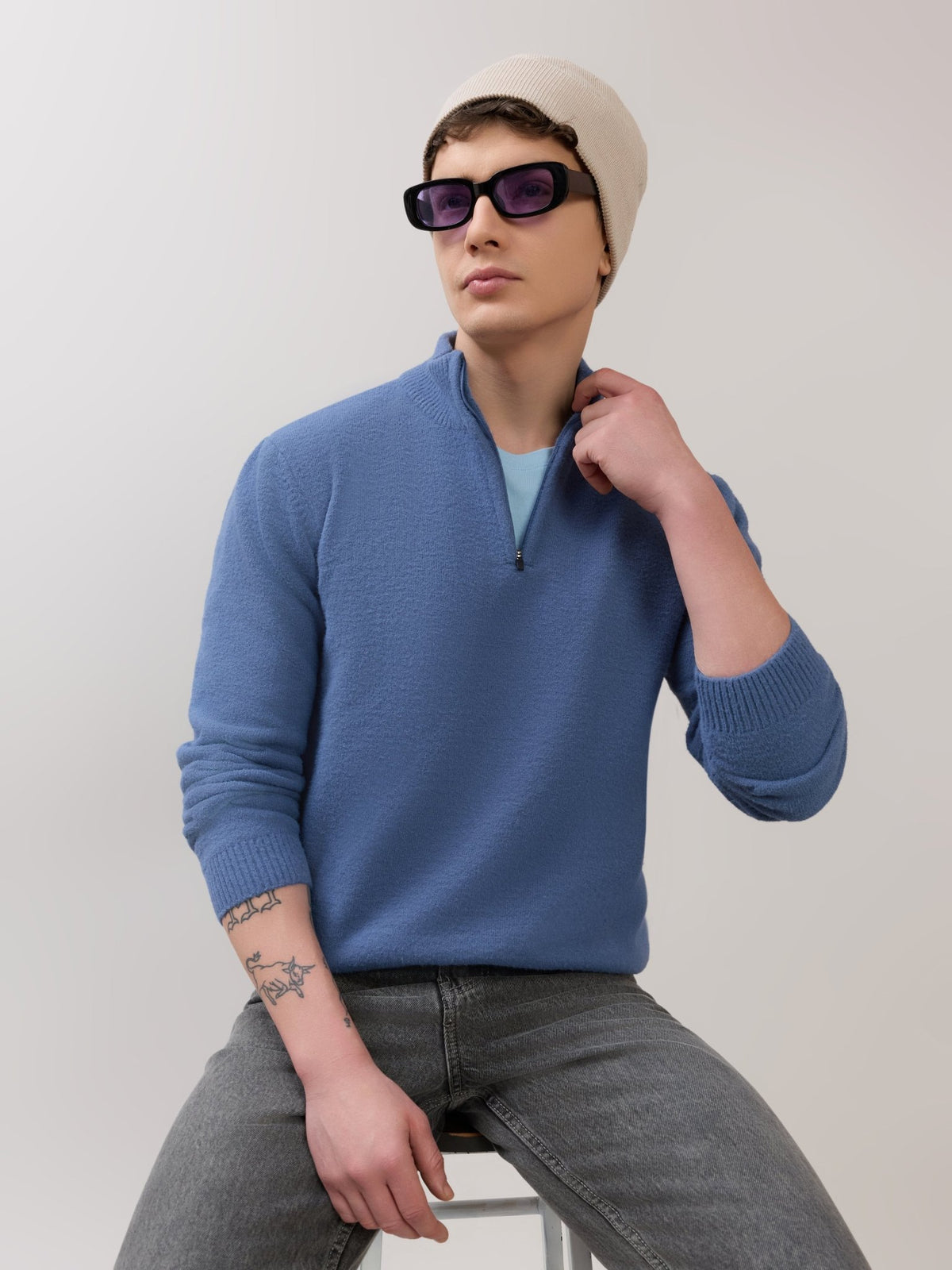 Zoro-2 - Regular Half-Zip High Neck Sweater - Blue - Espanshe